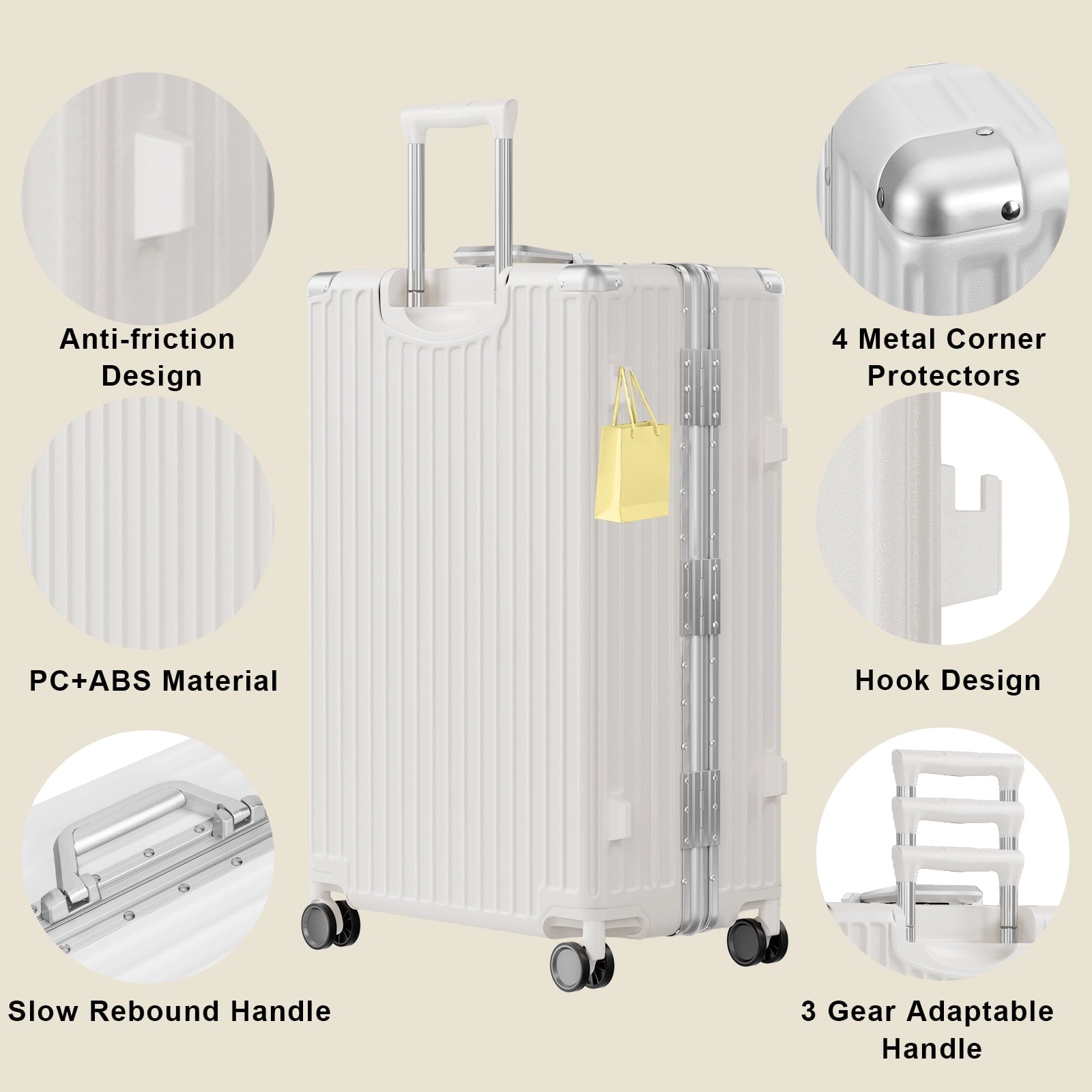 Luggage Sets 2 Piece Hard Shell PC ABS Aluminium Frame Suitcase with Spinner Wheels TSA Lock Zipperless 20 28 inch White