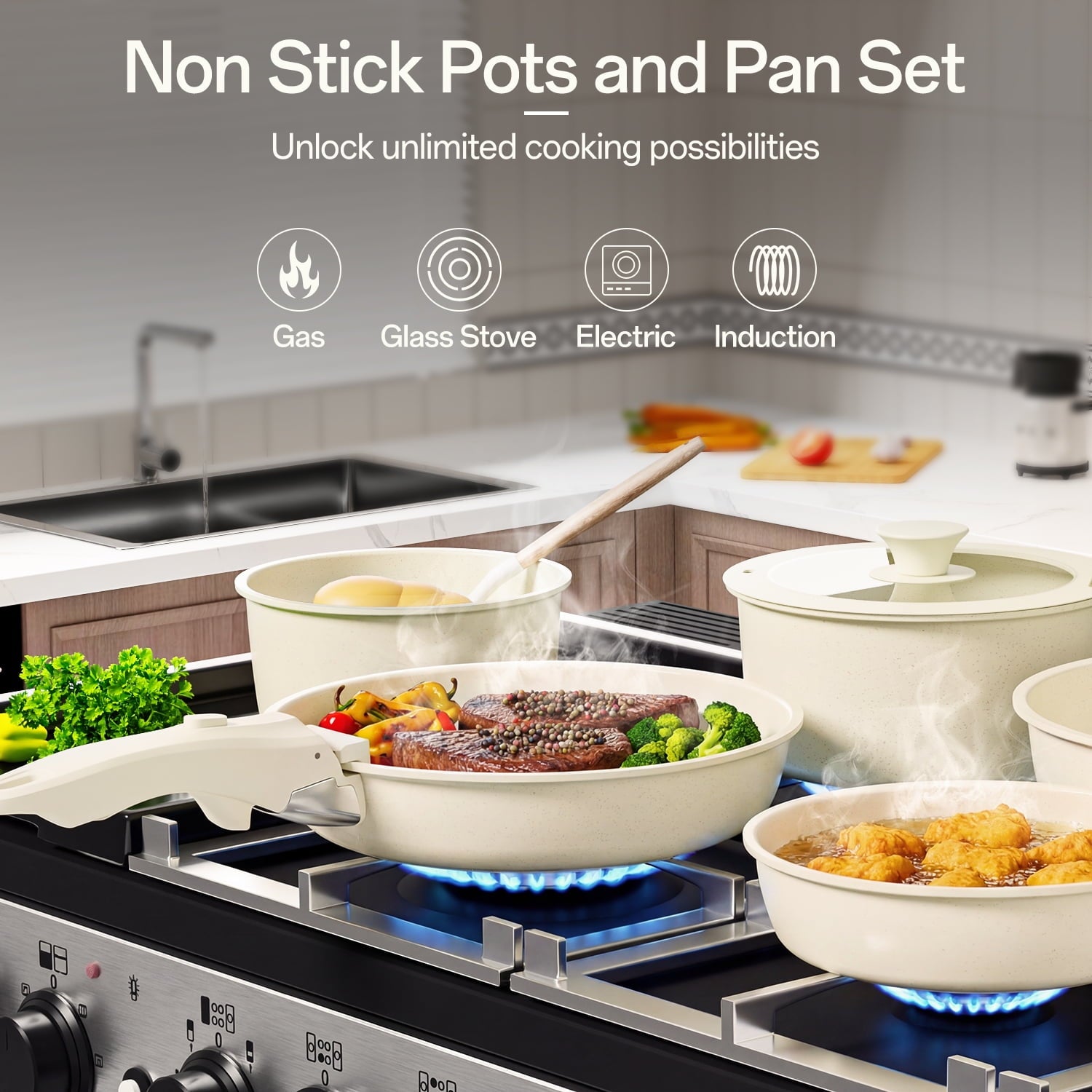 NULAS 21 Piece Pots and Pans Set Non Stick, Stackable RV Kitchen Cooking Set , Cookware Set with Detachable Handle, Dishwasher Safe, Oven Safe, Cream White