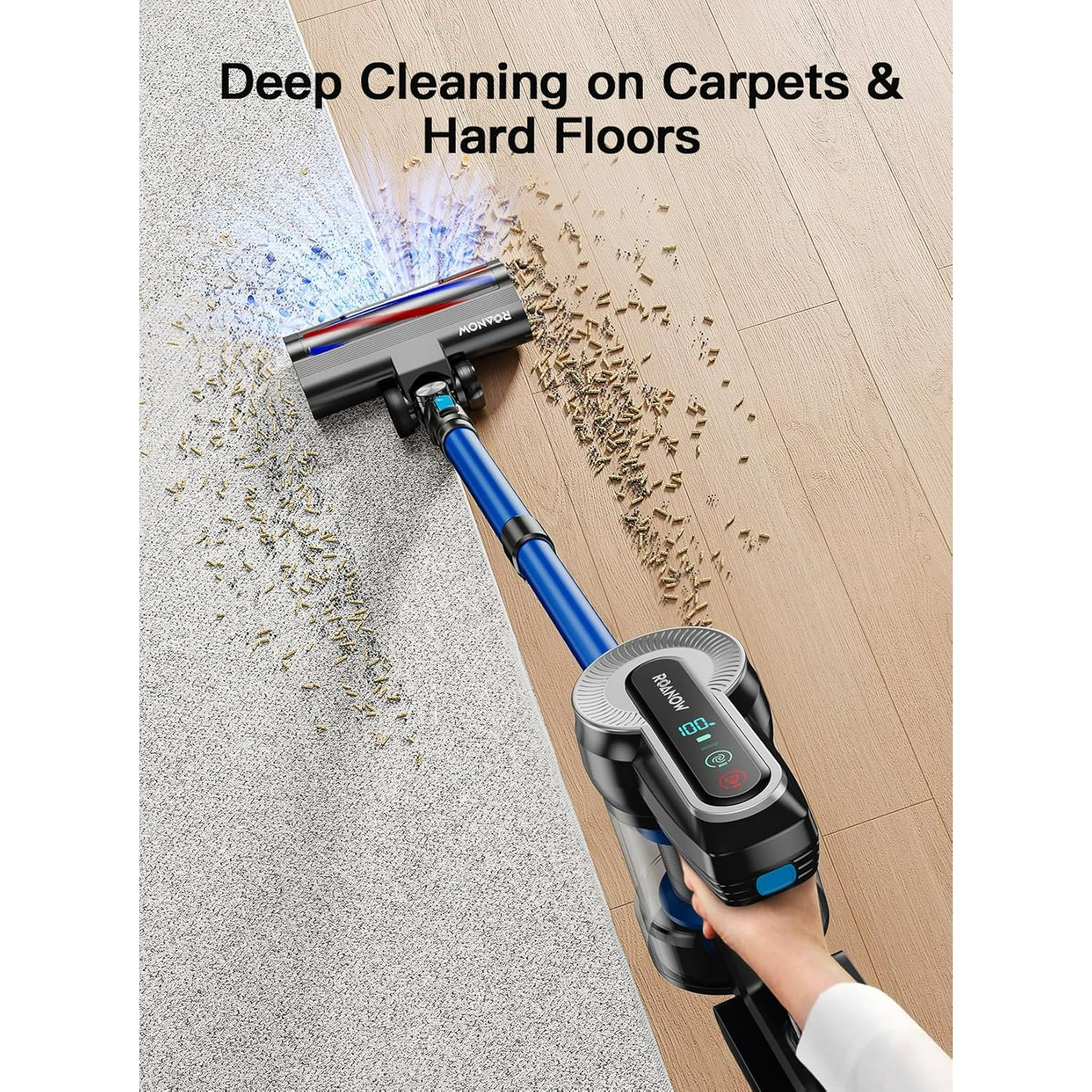 Roanow Cordless Vacuum Cleaner, 38KPA/55Mins with Display Stick Vacuum for Home Hardwood Floor Carpet Pet