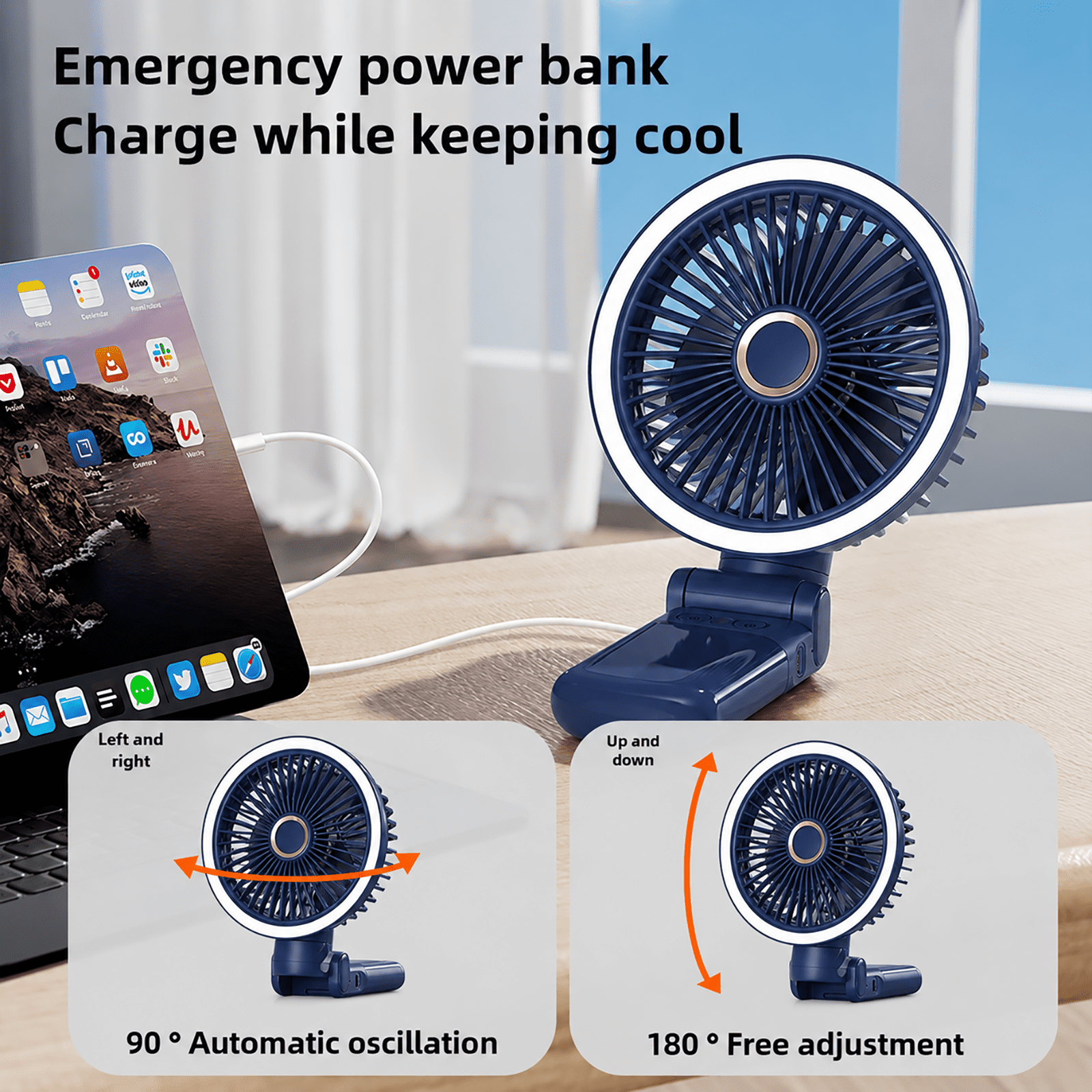 New 9000mAh 4-Speed Oscillating LED Desk Fan,Portable Stroller Fan/Foldable Hanging Clip Fans,Handheld Fans,Personal Rechargeable Small Fan for Home Travel Camping,11inch,Blue