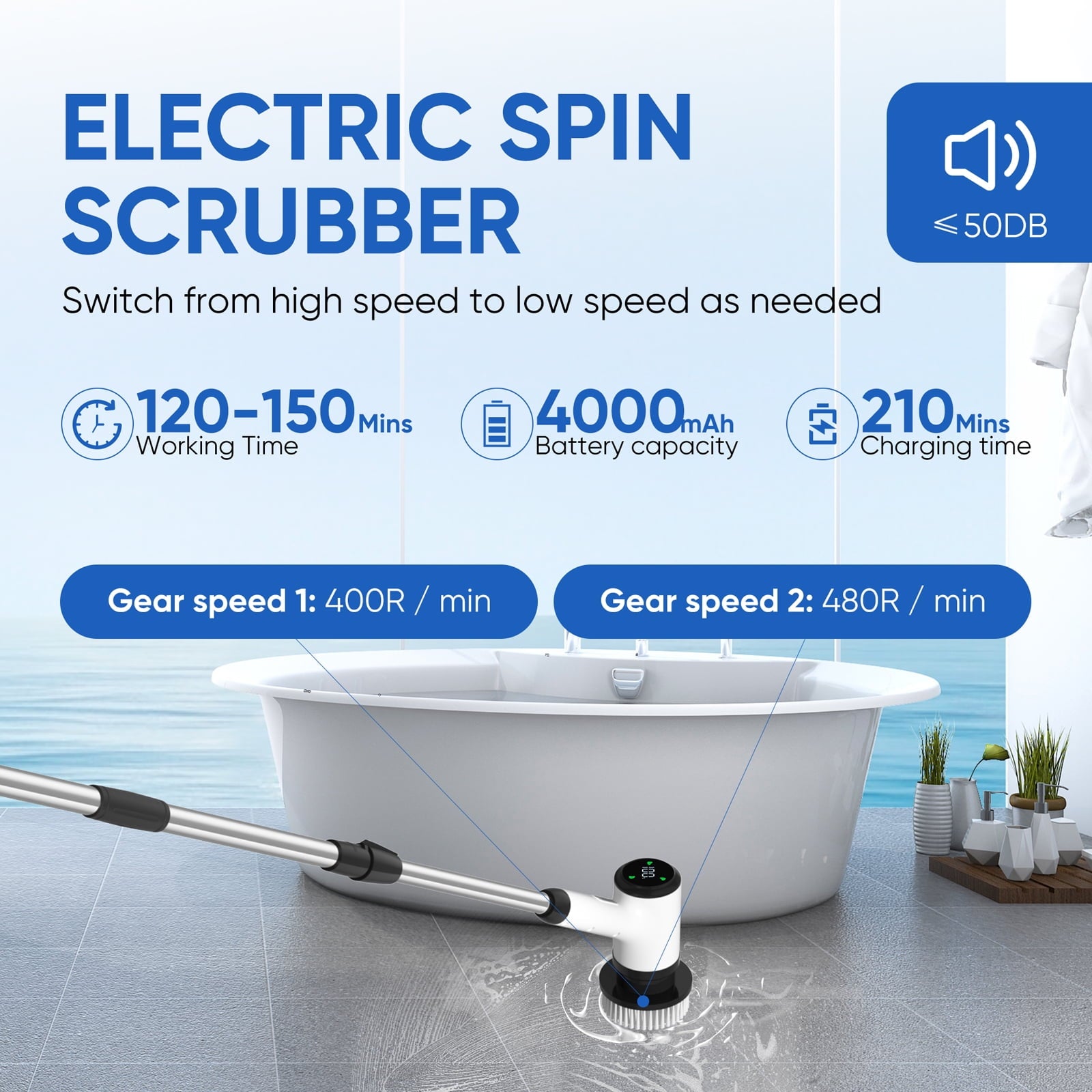 Purevigil Electric Spin Scrub - Cordless Bathroom Shower Scrubber with 7 Replaceable Brush Heads, 2 Speeds