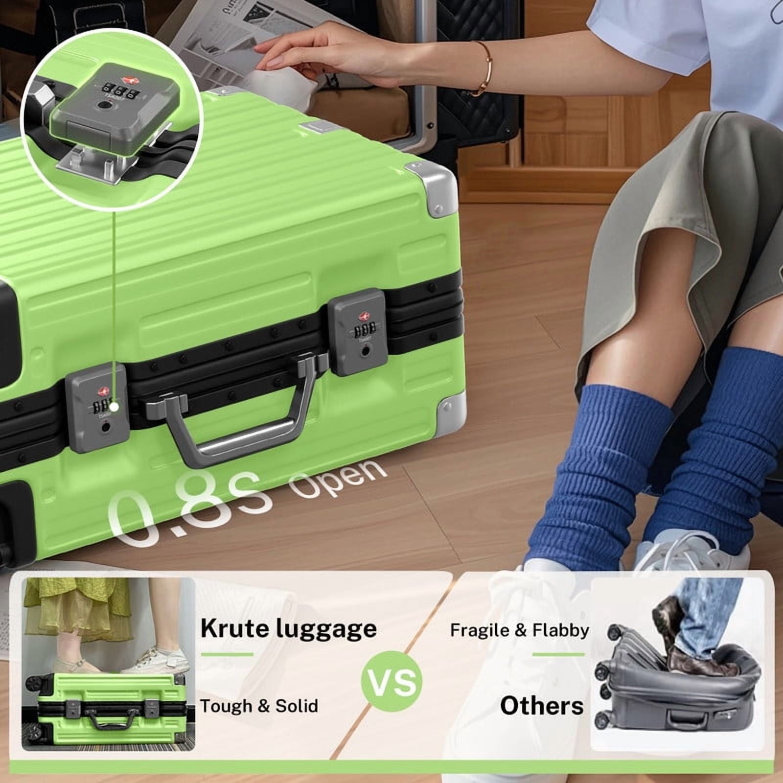 Checked Luggage Aluminum Frame Suitcase with Wheels PC ABS Hardside Zipperless with TSA Lock 28 Inch Green
