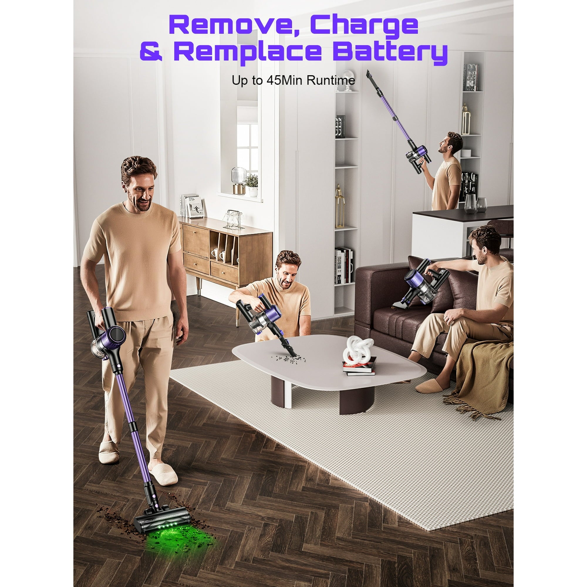 SUXIANGVAC Cordless Vacuum Cleaner, 40Kpa 8 in 1 Lightweight, Anti-Tangle Brush with Green Light, Violet