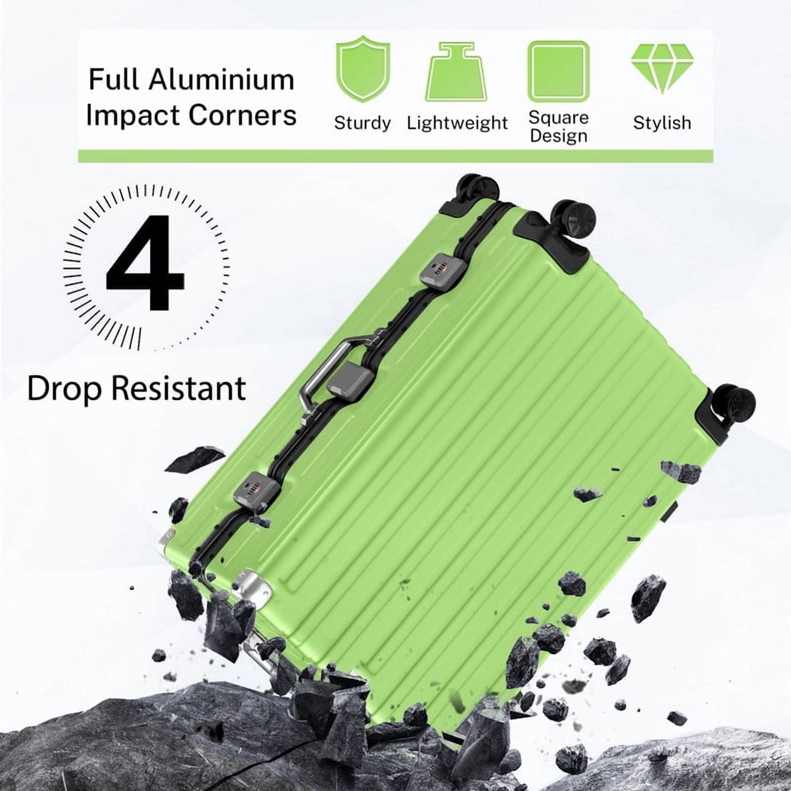 Checked Luggage Aluminum Frame Suitcase with Wheels PC ABS Hardside Zipperless with TSA Lock 28 Inch Green