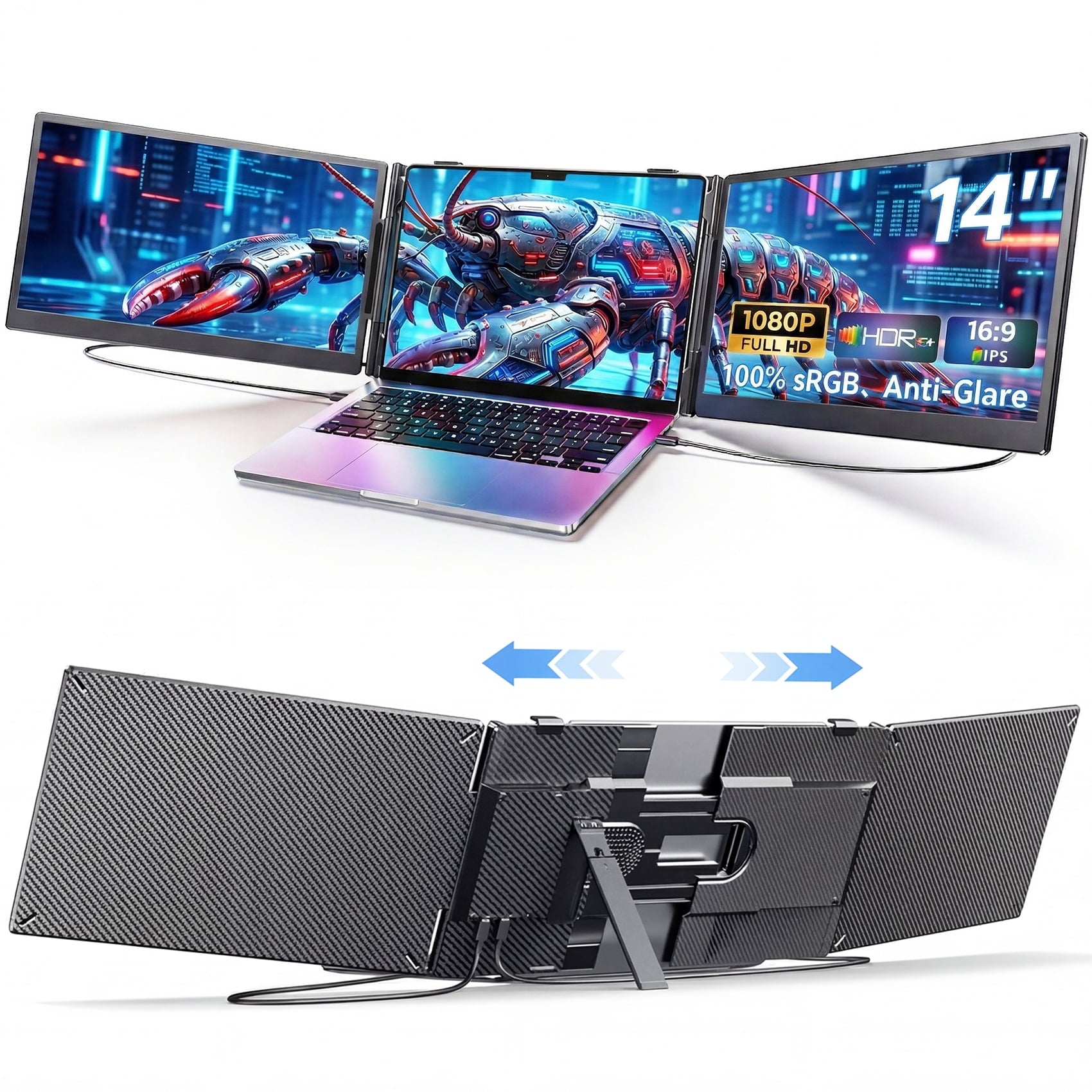 Laptop Screen Extender Dual Monitor, 14" FHD 1080P IPS Portable Monitor for Laptop, Triple Screen Setup, USB-C & HDMI Compatible, Plug & Play, Fits 13"-17.3" Laptops, Travel Laptop Monitor Extender