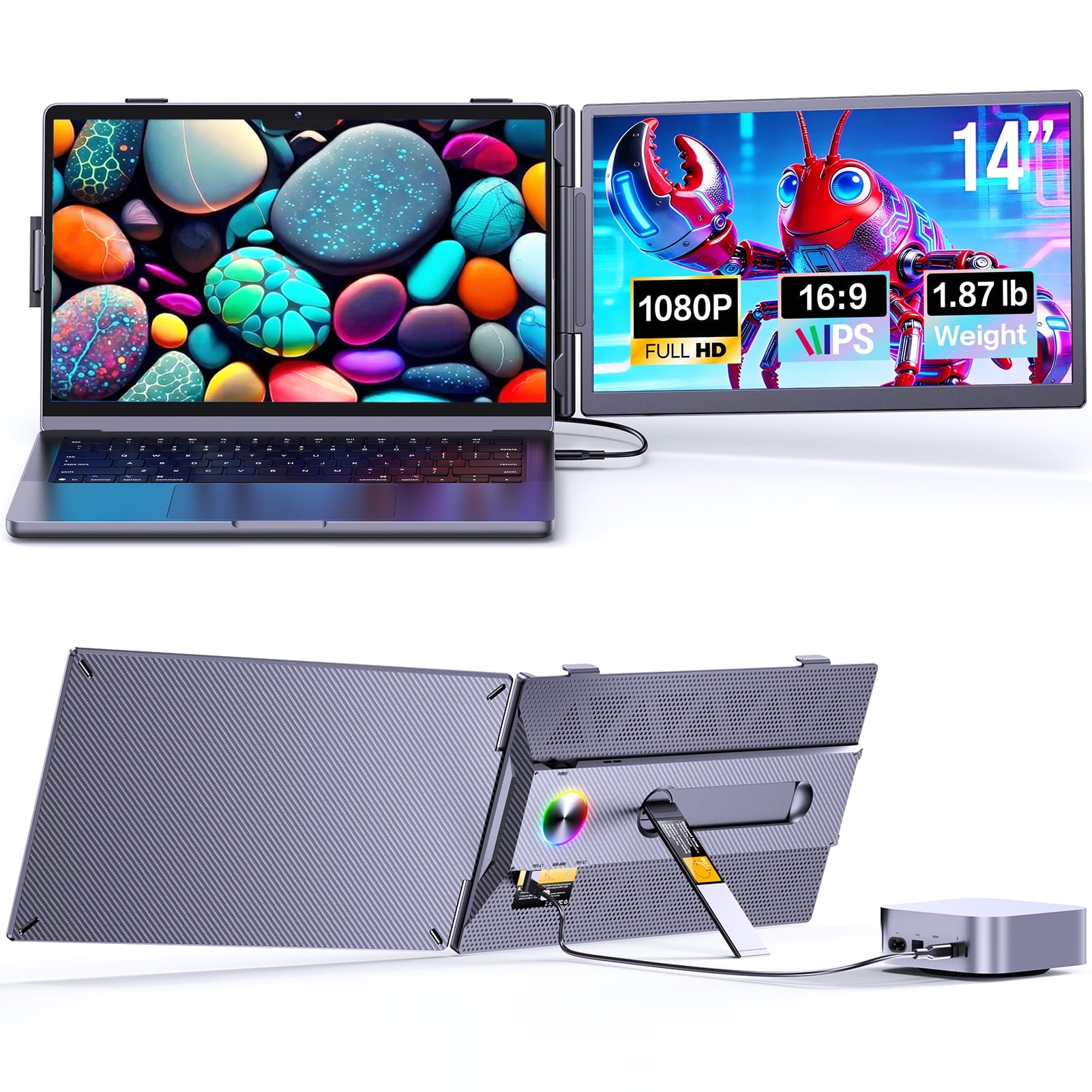 Laptop Screen Extender, 14" FHD 1080P IPS Portable Dual Monitor for Laptop, USB-C/HDMI Compatible, Plug & Play, Lightweight 1.87lb, for 13-17.3” Windows Mac Chromebook