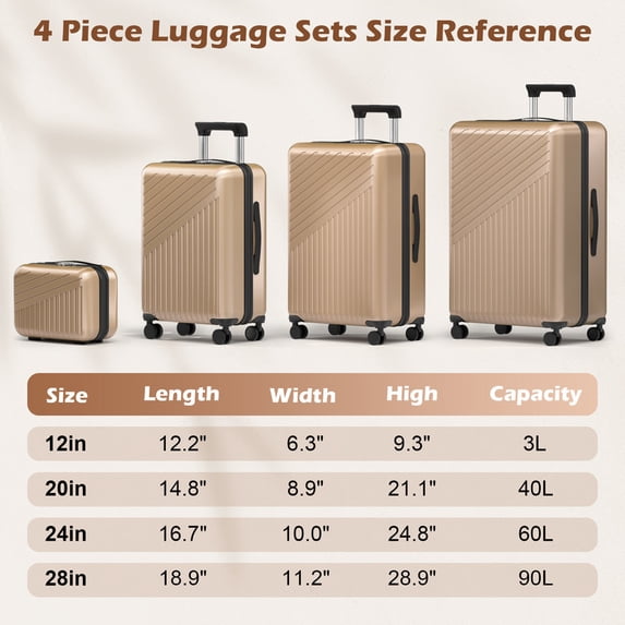 Luggage Sets 4 Piece Carry on Luggage with Spinner Wheels Hardshell Durable Suitcase with TSA Lock 14 20 24 28 inch Champagne