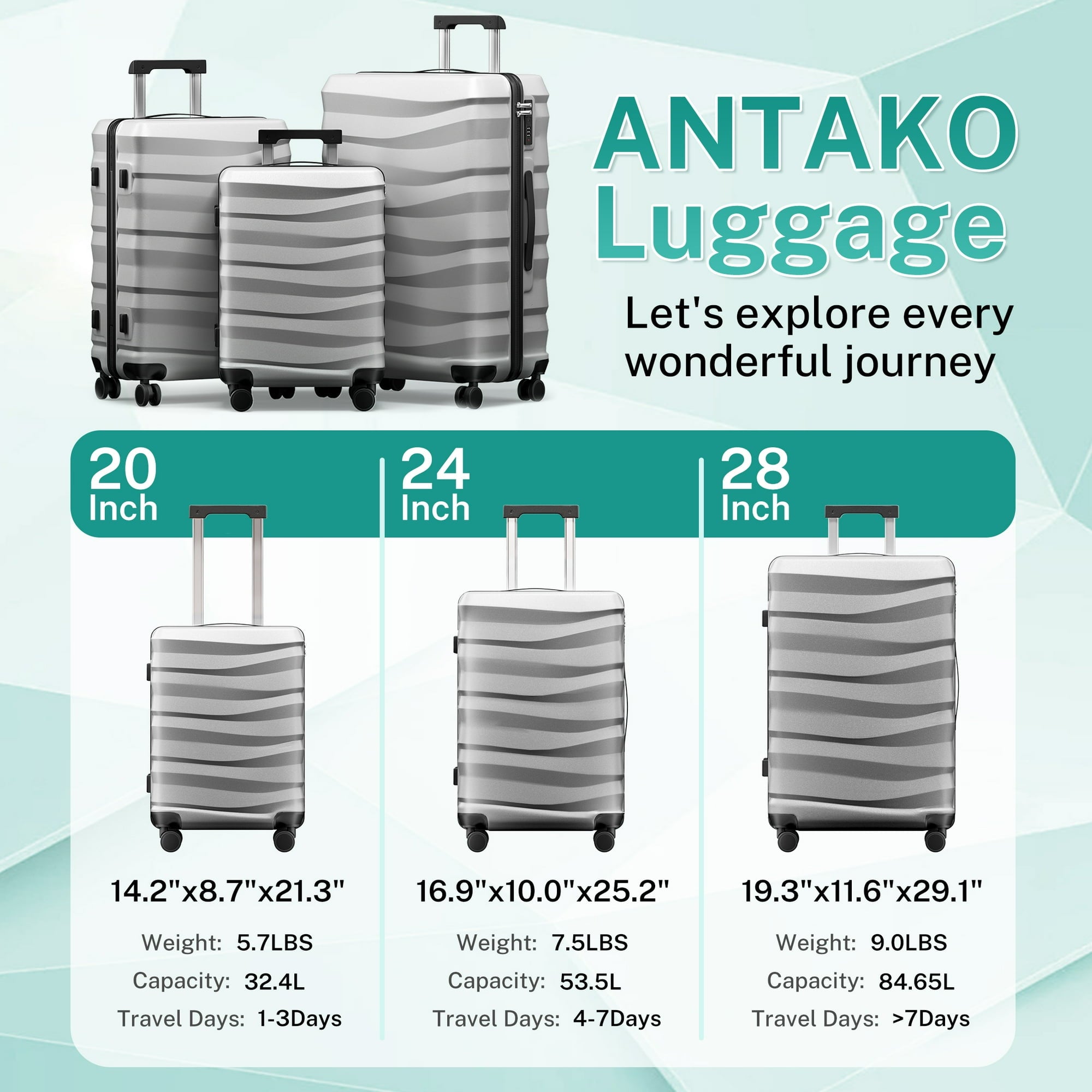 Luggage Sets 3 Piece Lightweight Luggage with Spinner Wheels ABS Travel Suitcase with TSA Lock 20 24 28 inch Carry on Luggage Silver