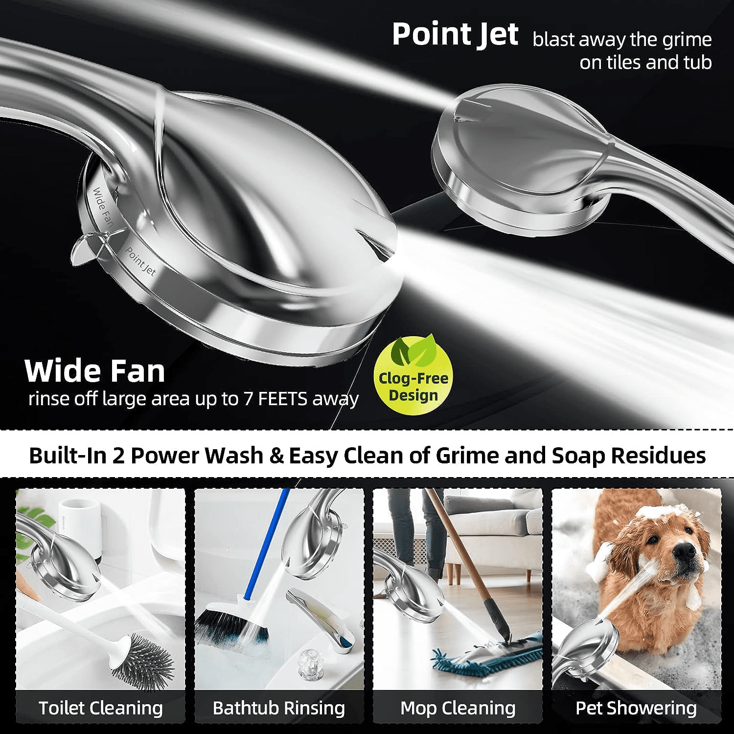 MUZPU 10-Mode High Pressure Shower Head with Power Wash, US Patent Design, 59 inch Stainless Steel Hose and Adjustable Brass Bracket, All Chrome Finish,Bathroom Cleaner Kit