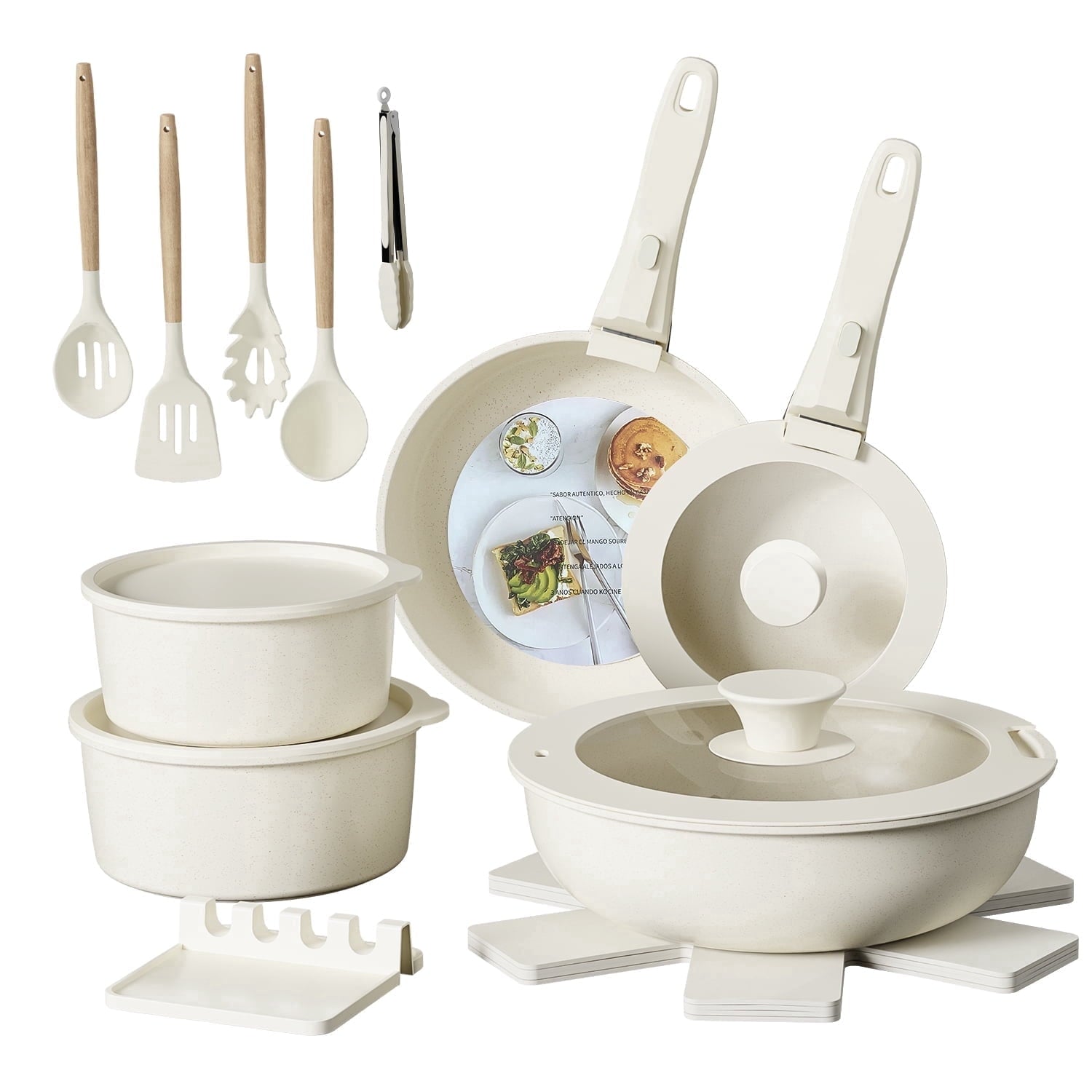 NULAS 21 Piece Pots and Pans Set Non Stick, Stackable RV Kitchen Cooking Set , Cookware Set with Detachable Handle, Dishwasher Safe, Oven Safe, Cream White