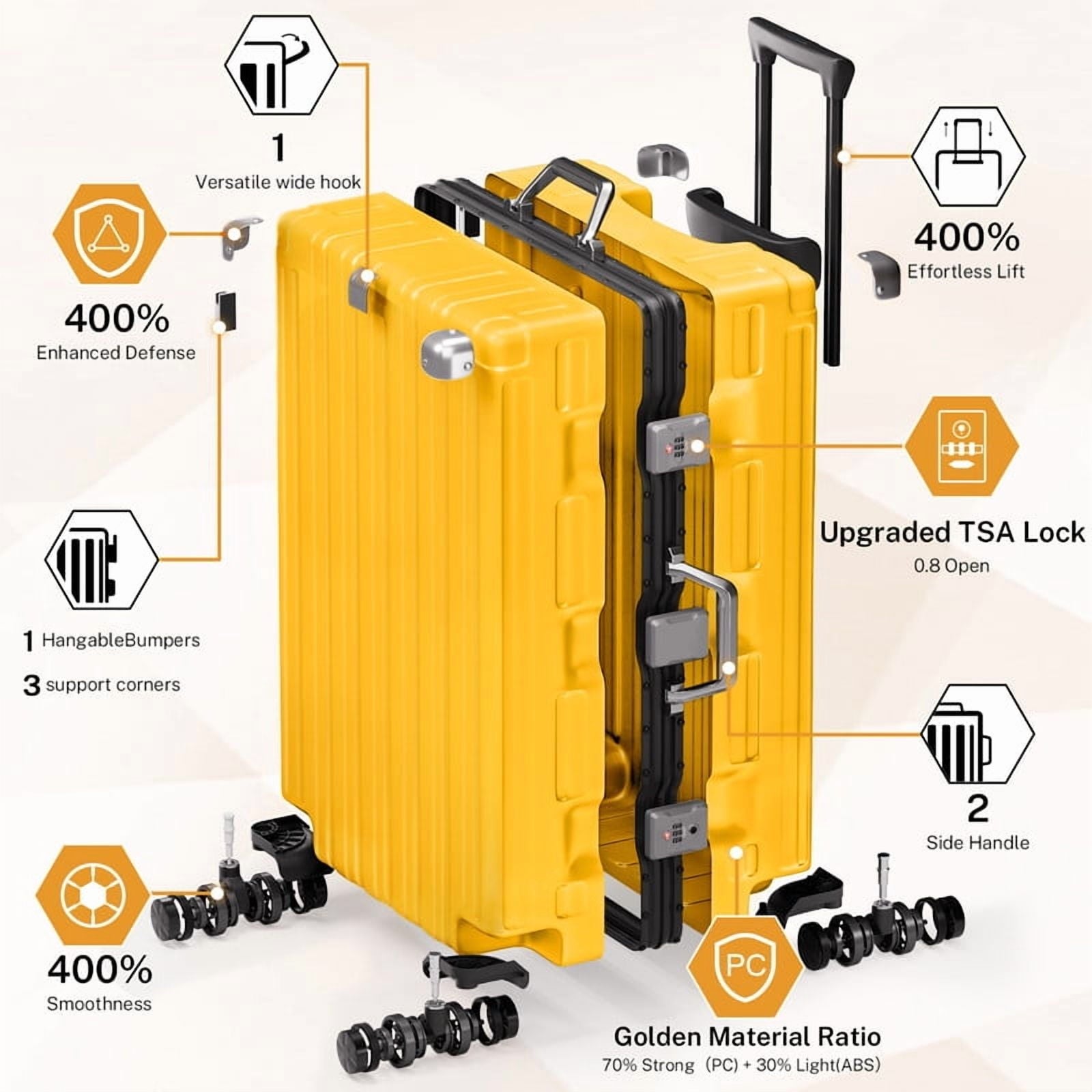 Checked Luggage Aluminum Frame Suitcase with Wheels PC ABS Hardside Zipperless with TSA Lock 28 Inch Yellow