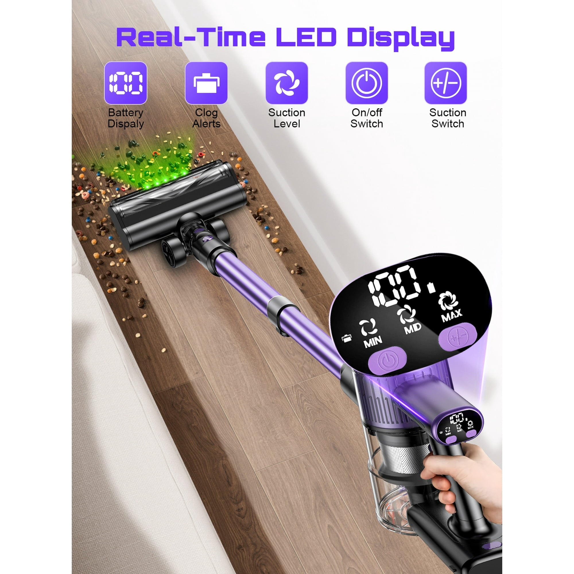 SUXIANGVAC Cordless Vacuum Cleaner, 40Kpa 8 in 1 Lightweight, Anti-Tangle Brush with Green Light, Violet