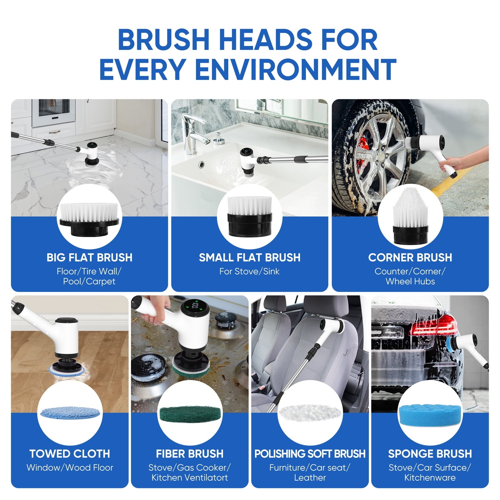 Purevigil Electric Spin Scrub - Cordless Bathroom Shower Scrubber with 7 Replaceable Brush Heads, 2 Speeds
