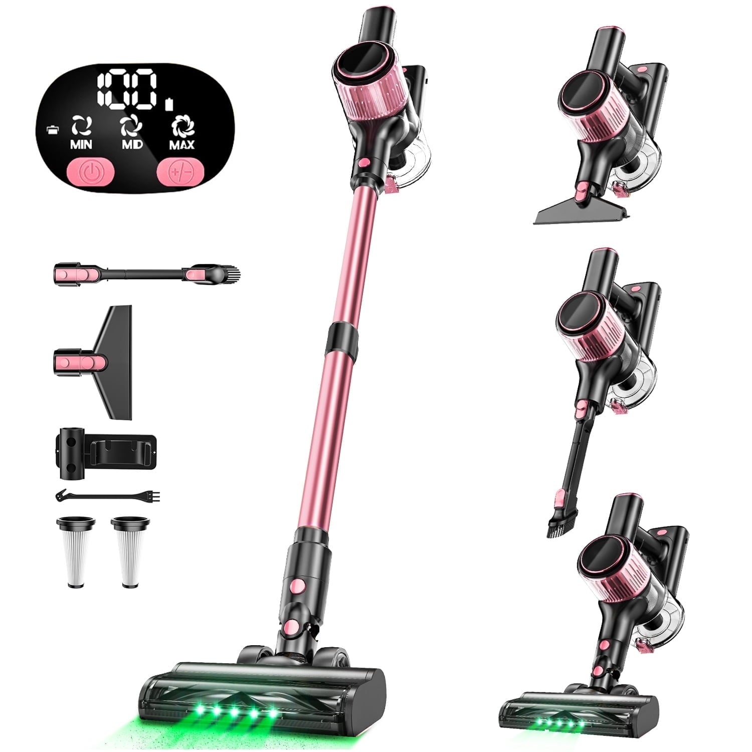 SUXIANGVAC Cordless Vacuum Cleaner, 33Kpa 8 in 1 Lightweight Stick Vacuum, Anti-Tangle Brush with Green Light, 40mins Runtime Rechargeable Vacuums for Hardwood Floor, Carpet, Pet Hair, Pink