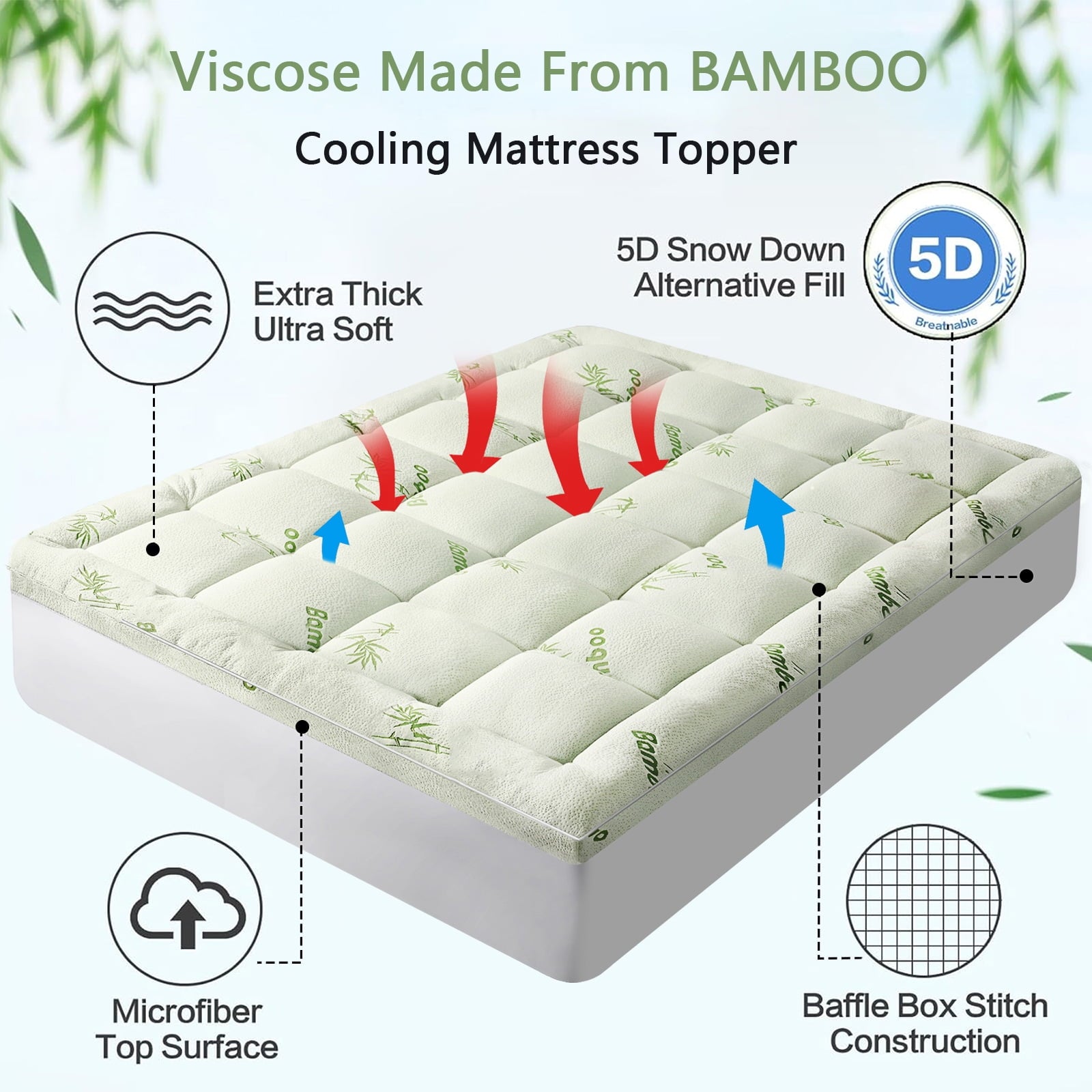 Mattress Topper Full Size Bed,Bamboo Extra Thick Mattress Pad Cover Soft Plush Noiseless Down Alternative Fill,with 8-21" Deep Pocket