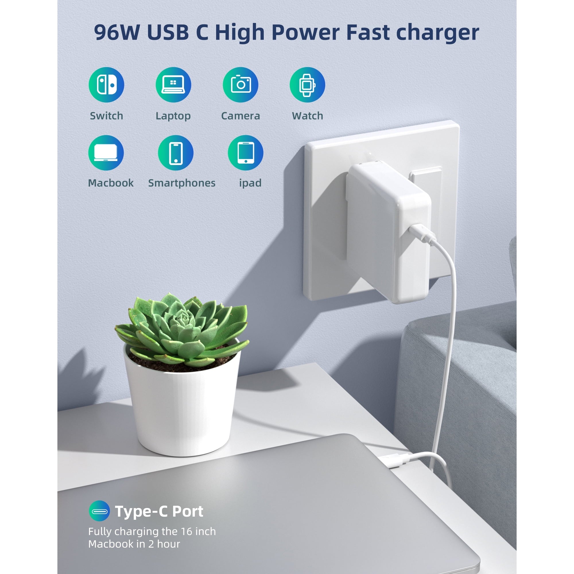 96W USB C Fast Charger，Laptop Charger Compatible with All USB C Charge Device