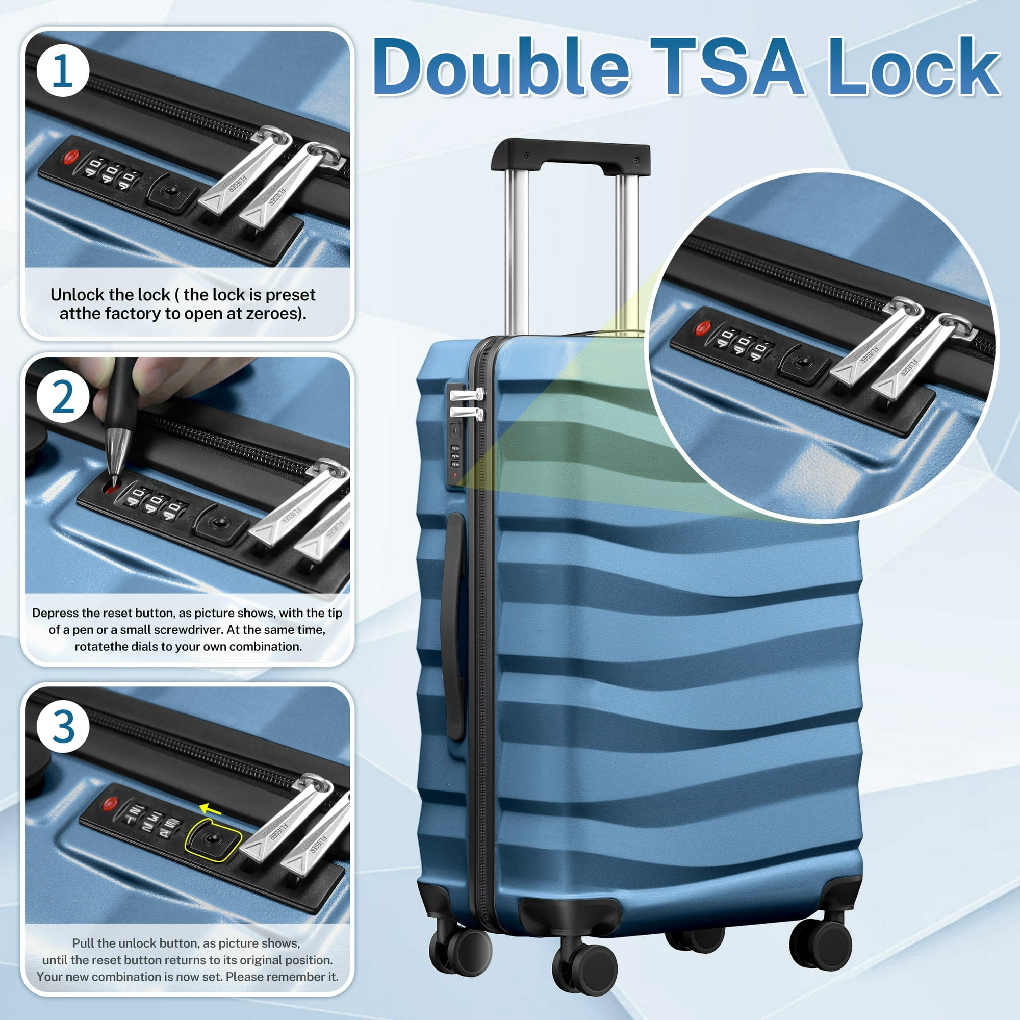 Luggage Sets 3 Piece Lightweight Luggage with Spinner Wheels ABS Travel Suitcase with TSA Lock 20 24 28 inch Carry on Luggage Blue