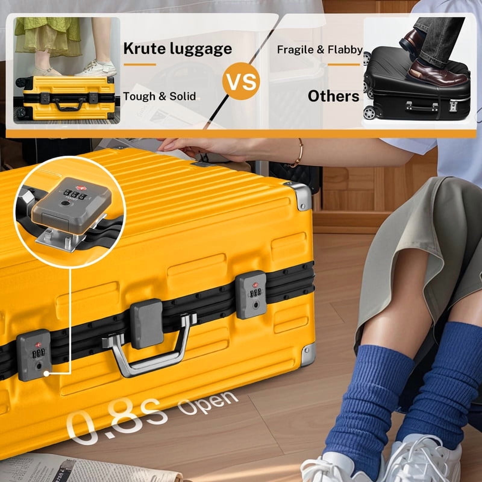 Checked Luggage Aluminum Frame Suitcase with Wheels PC ABS Hardside Zipperless with TSA Lock 28 Inch Yellow