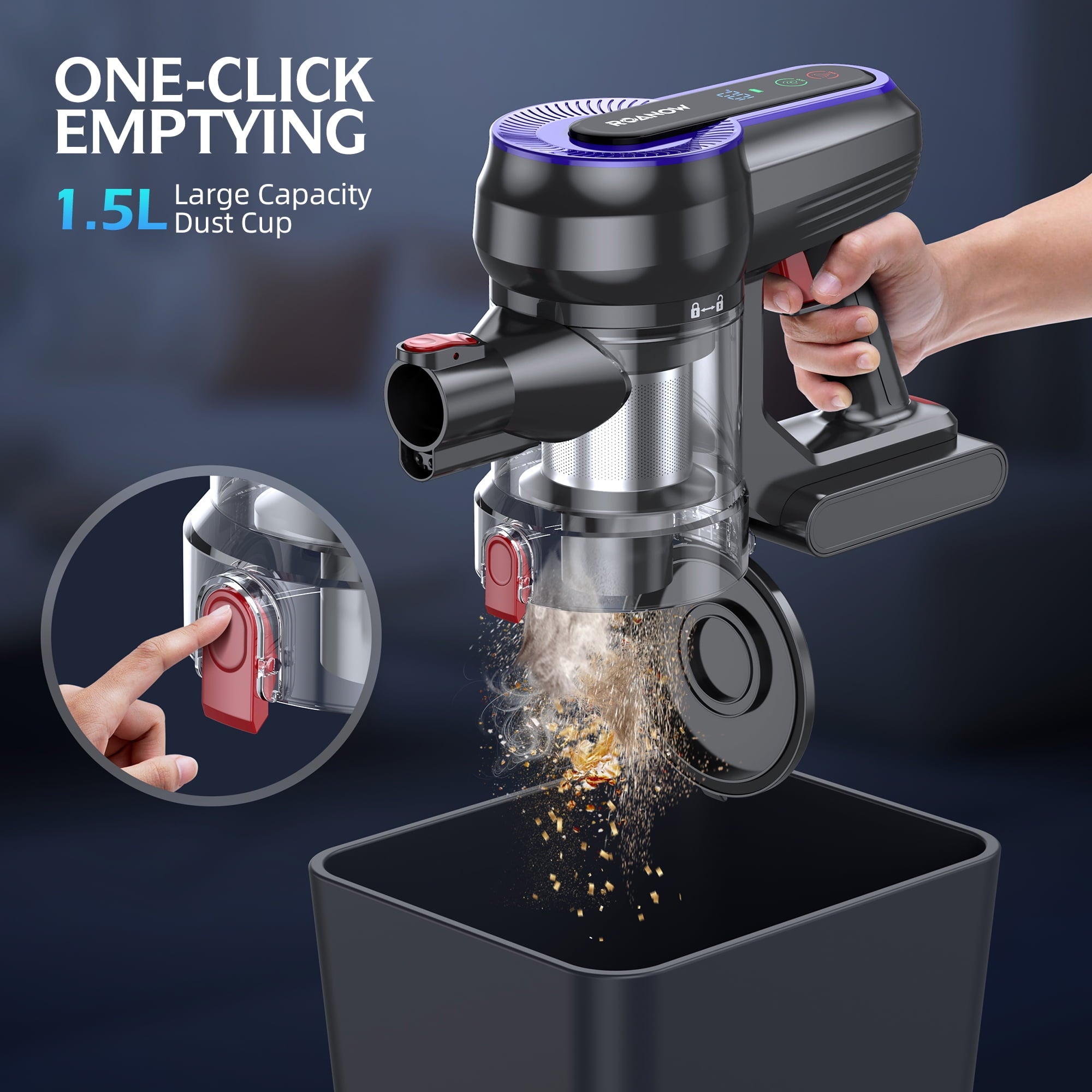 Roanow Cordless Vacuum Cleaner, 38KPA/55Min, Lightweight Stick Vacuum Cleaner for Home Hardwood Floor, Carpet and Pet Hair