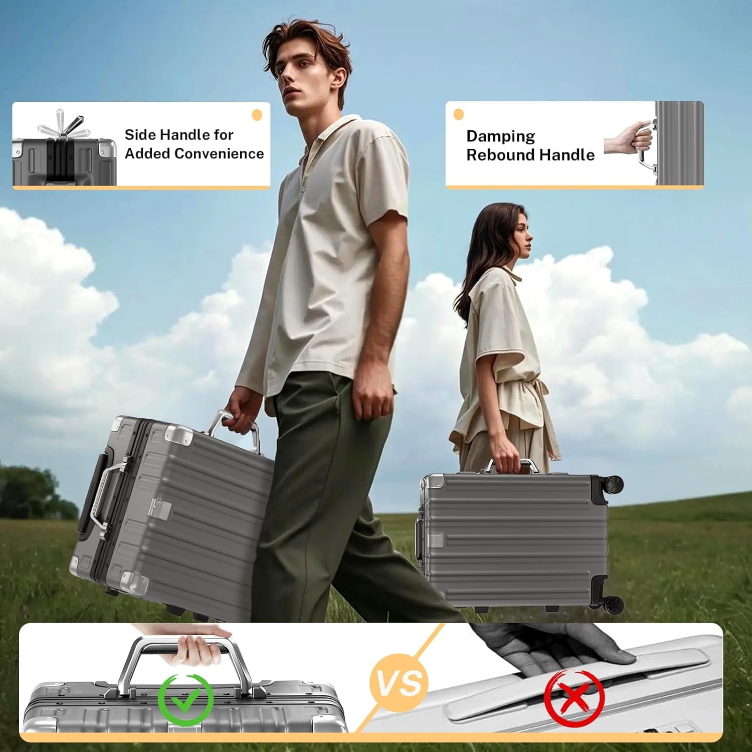 Luggage Sets 2 Pieces Aluminum Frame Carry On Luggage with Wheels PC ABS Hardside Zipperless with TSA Lock 20 28 inch Gray