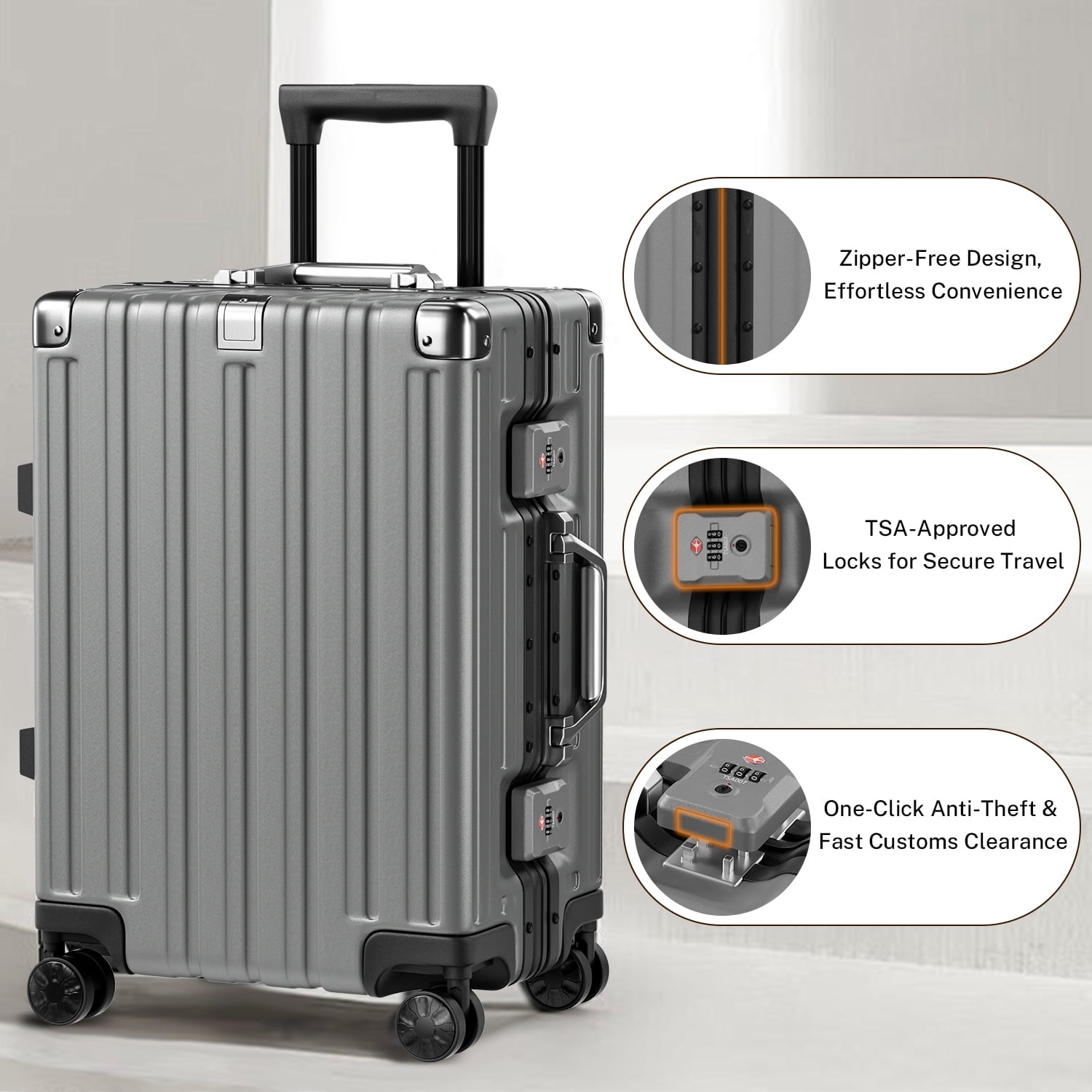 Luggage Sets 2 Pieces Aluminum Frame Carry On Luggage with Wheels PC ABS Hardside Zipperless with TSA Lock 20 28 inch Gray