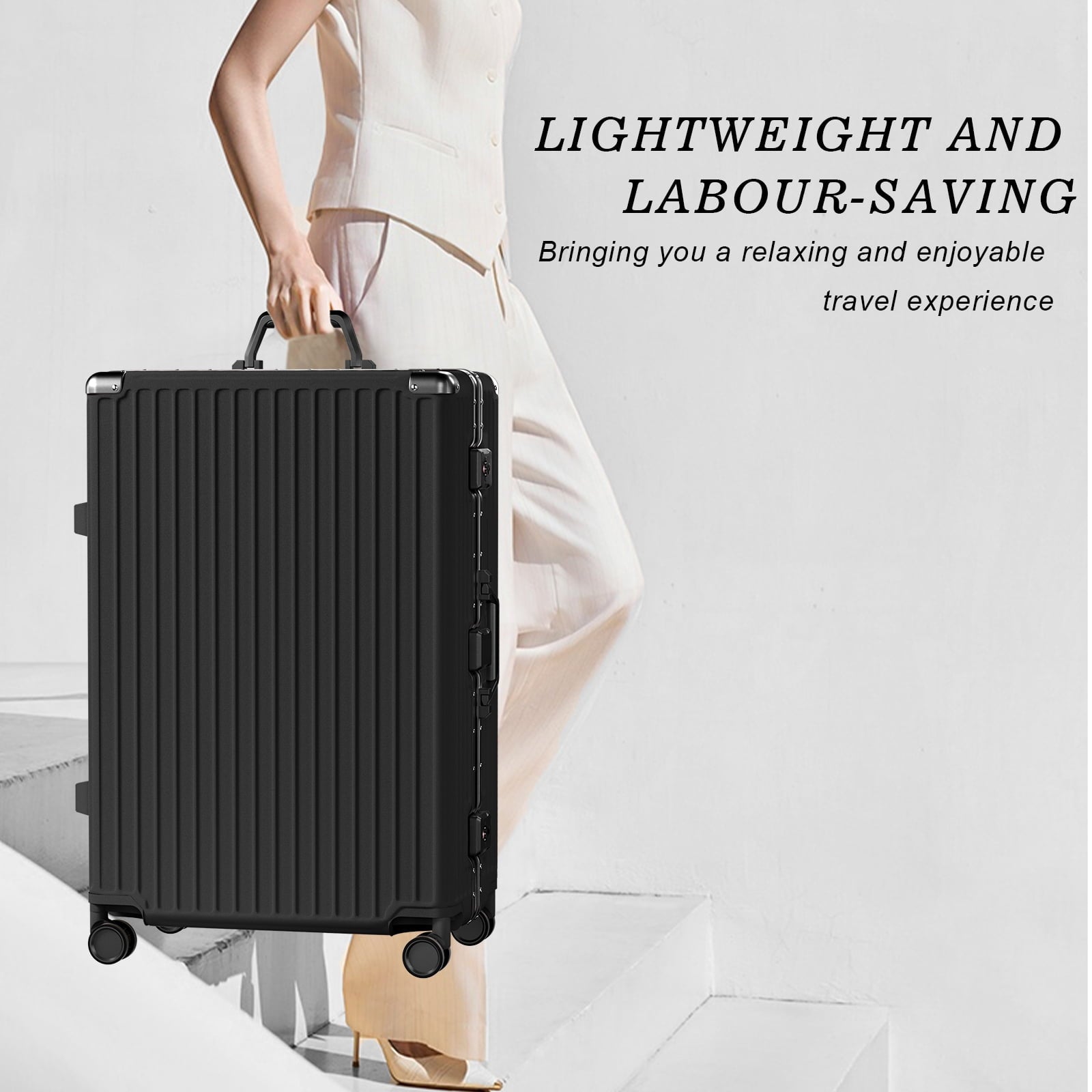 Luggage Aluminium Frame PC ABS Hardshell Suitcase with Spinner Wheels TSA Lock Zipperless Luggage 28 inch Black