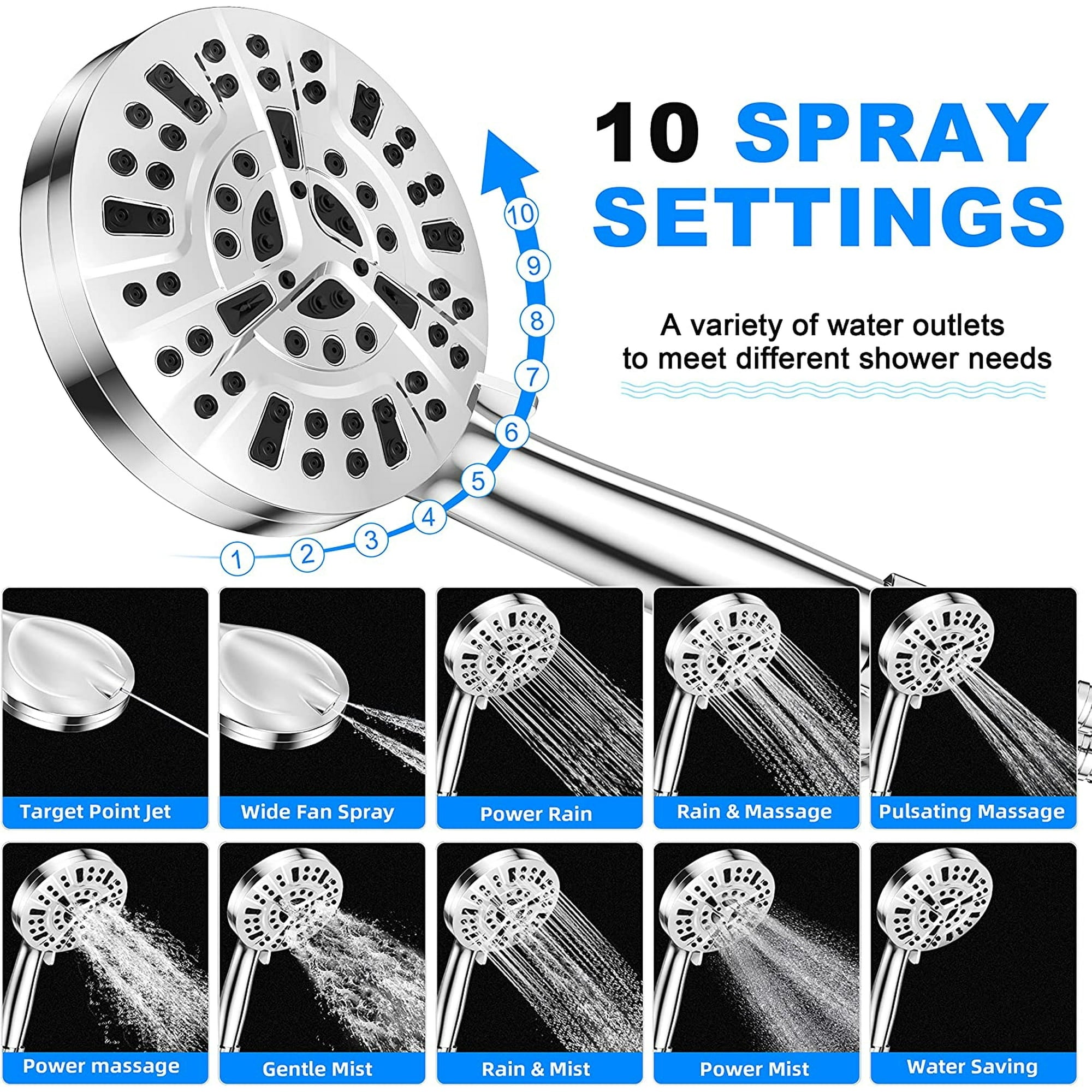 MUZPU 10-Mode High Pressure Shower Head with Power Wash, US Patent Design, 59 inch Stainless Steel Hose and Adjustable Brass Bracket, All Chrome Finish,Bathroom Cleaner Kit