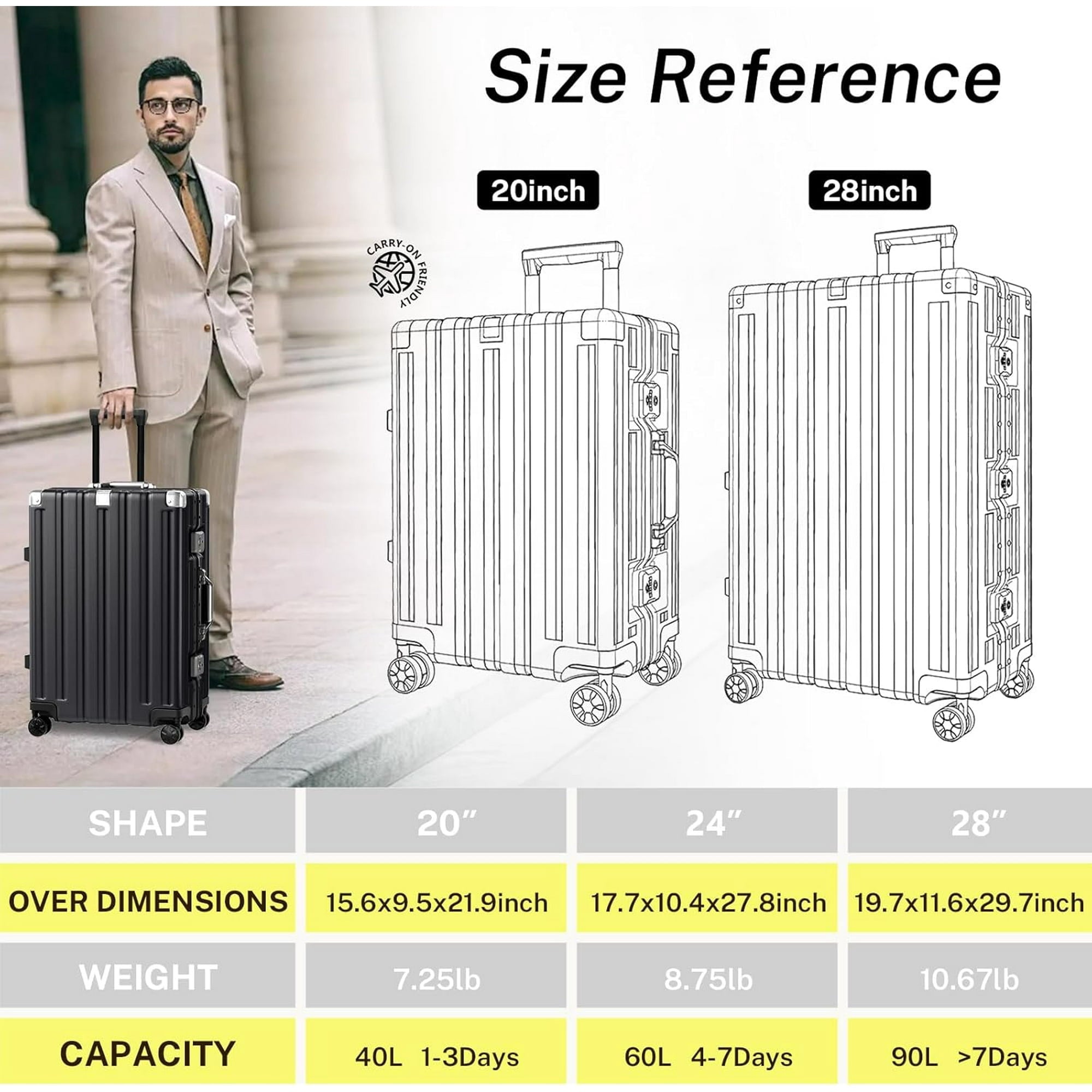 Checked Luggage Aluminum Frame Suitcase with Wheels PC ABS Hardside Zipperless with TSA Lock 28 Inch Black