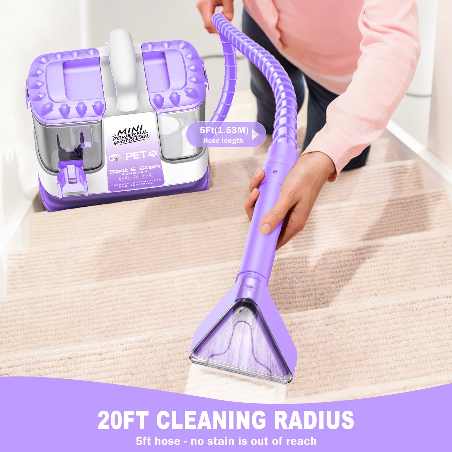 SUXIANGVAC Portable Carpet and Upholstery Spot Cleaner, 20Kpa Powerful Suction, Lightweight Compact Deep Cleaner for Home and Car, Purple(Version without cleaning solution)
