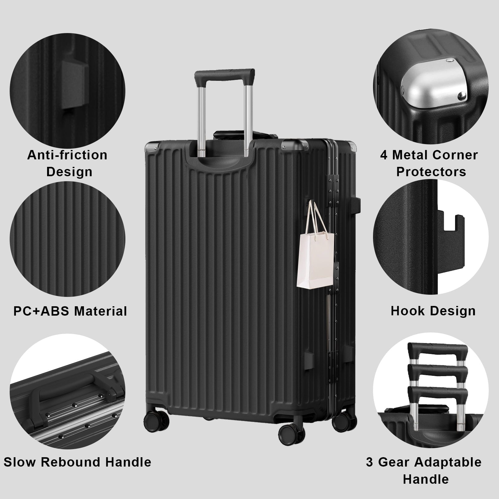 Luggage Sets 2 Piece Hard Shell PC ABS Aluminium Frame Suitcase with Spinner Wheels TSA Lock Zipperless 20 28 inch Black