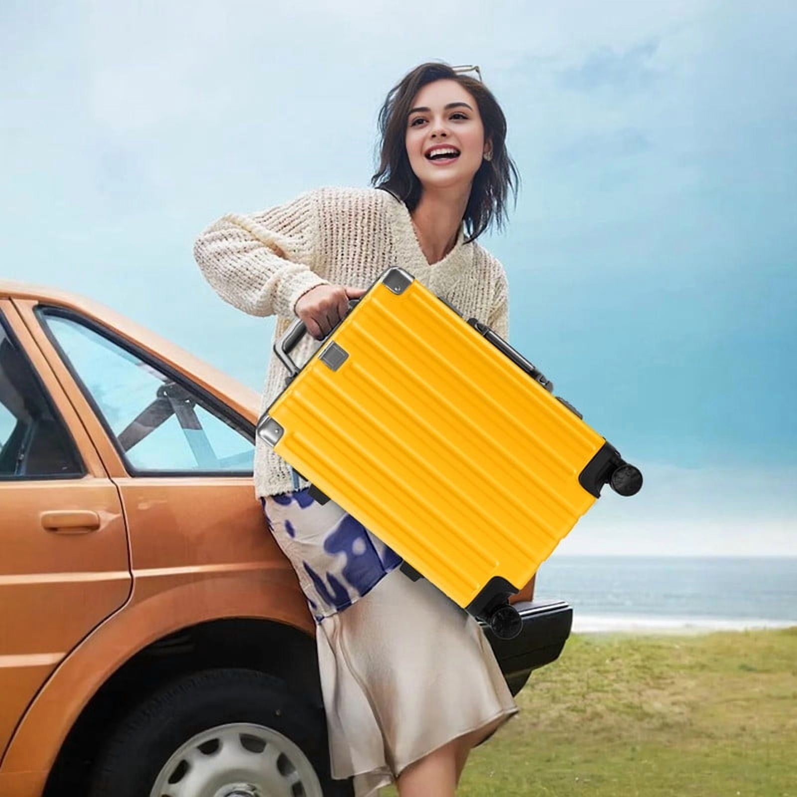 Checked Luggage Aluminum Frame Suitcase with Wheels PC ABS Hardside Zipperless with TSA Lock 28 Inch Yellow