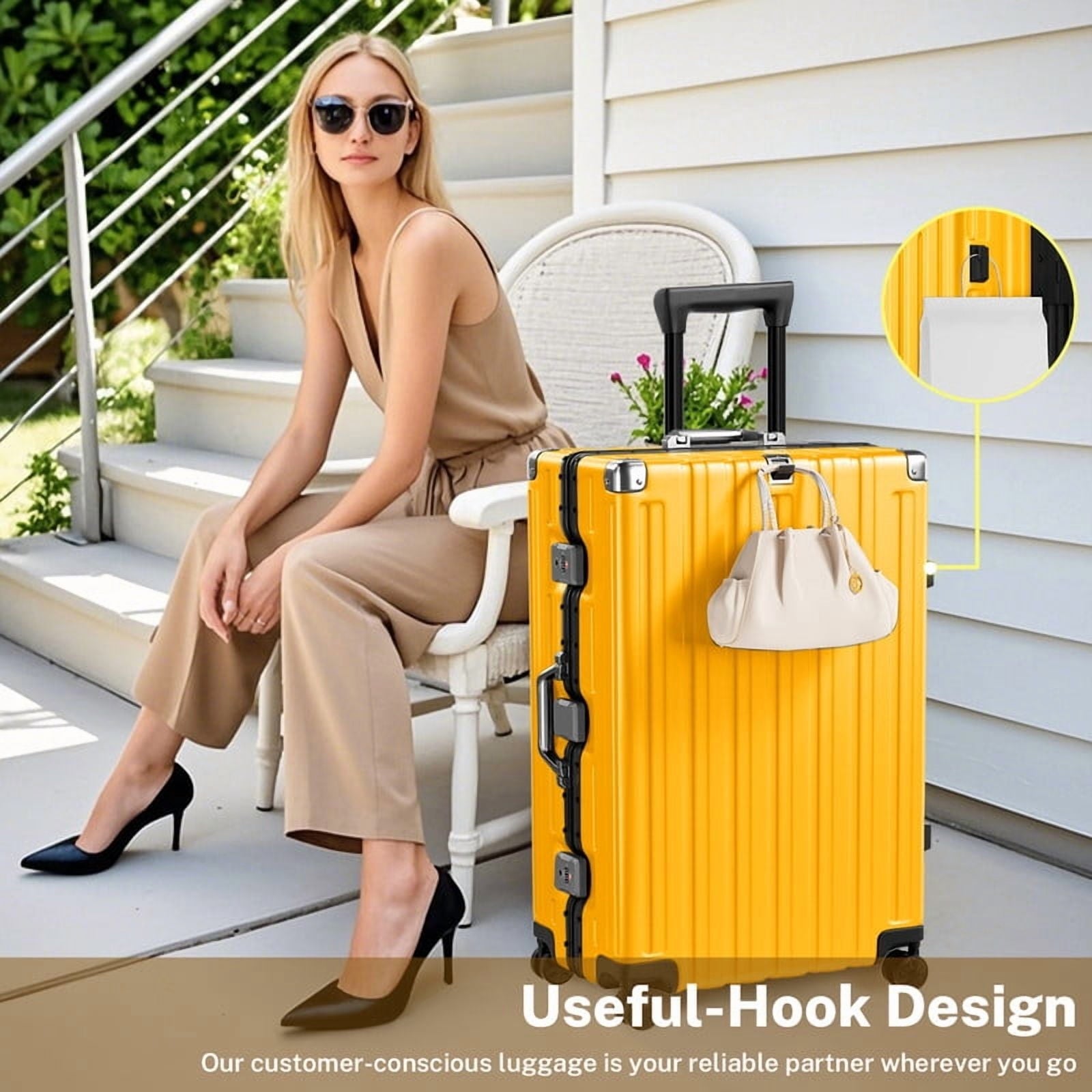 Checked Luggage Aluminum Frame Suitcase with Wheels PC ABS Hardside Zipperless with TSA Lock 28 Inch Yellow