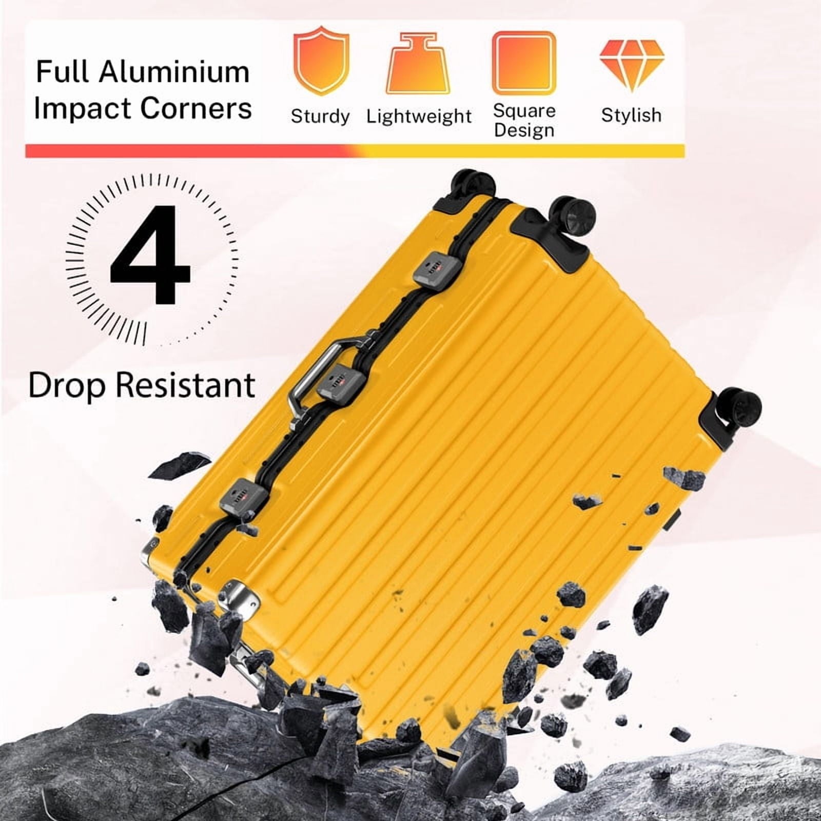 Checked Luggage Aluminum Frame Suitcase with Wheels PC ABS Hardside Zipperless with TSA Lock 28 Inch Yellow
