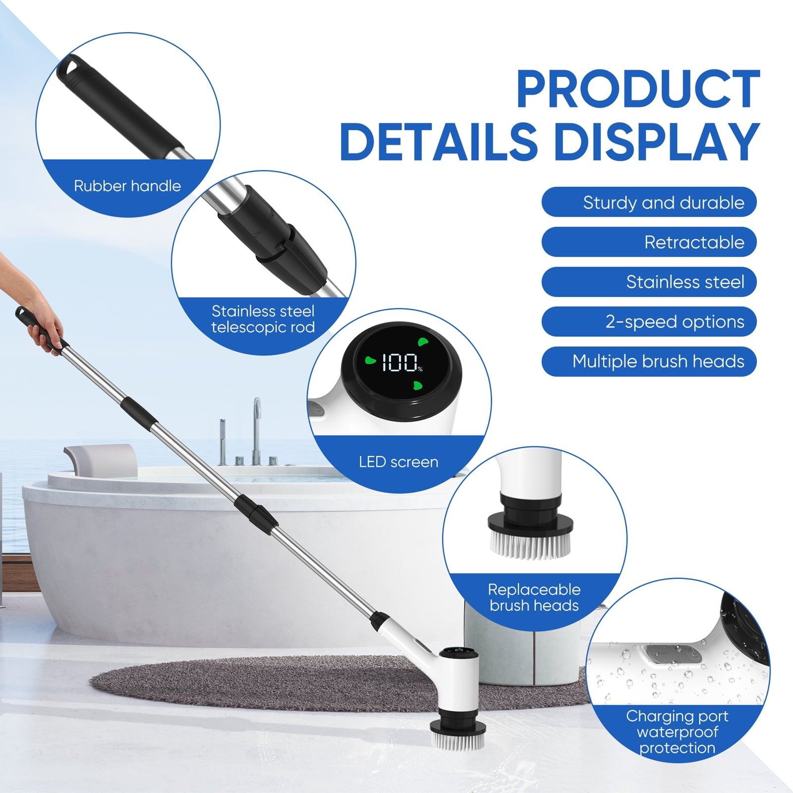 Purevigil Electric Spin Scrub - Cordless Bathroom Shower Scrubber with 7 Replaceable Brush Heads, 2 Speeds