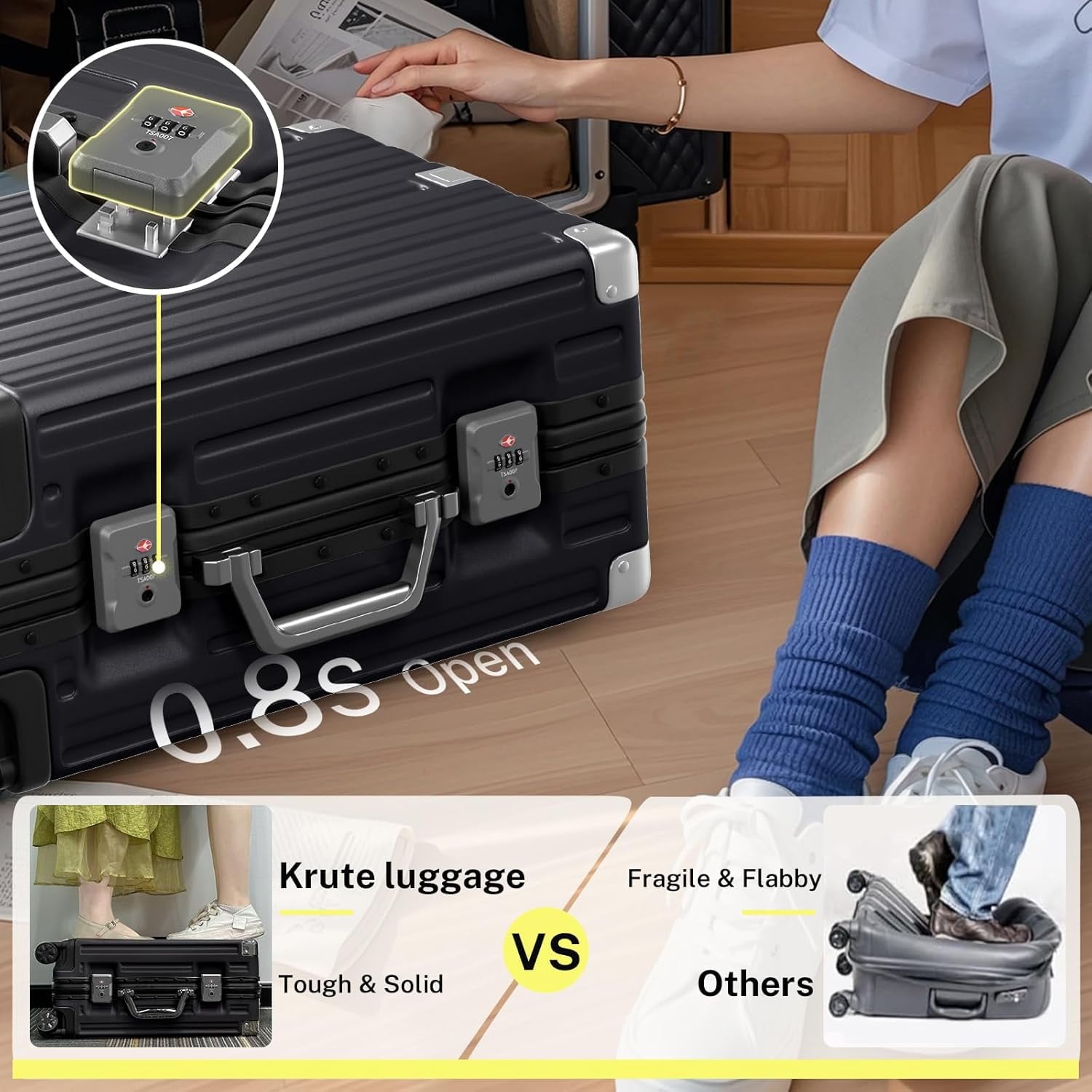 Checked Luggage Aluminum Frame Suitcase with Wheels PC ABS Hardside Zipperless with TSA Lock 28 Inch Black