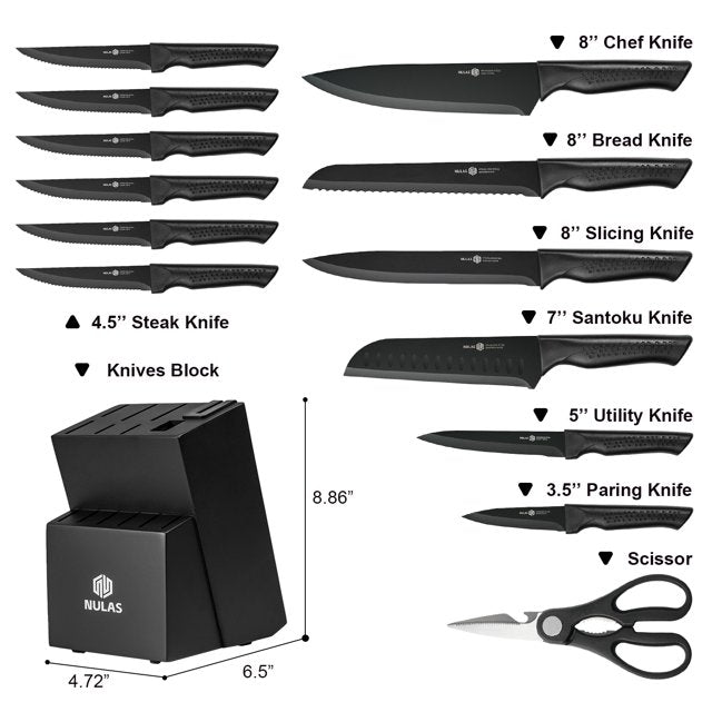 NULAS Knife Set, 14Piece Knife Sets for Kitchen with Block, Dishwasher Safe, Built in Sharpener Block, Black
