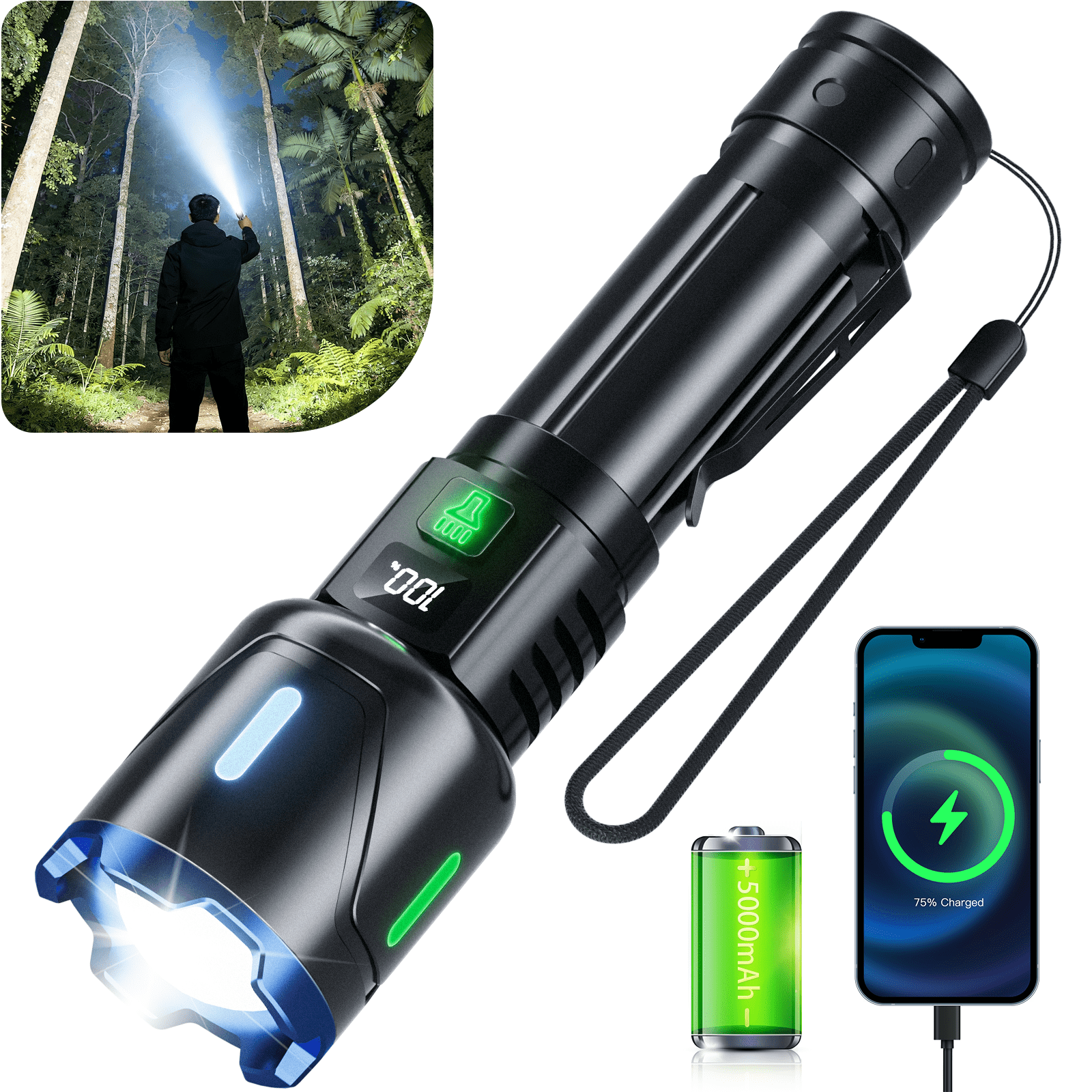 Venrk Rechargeable Flashlight,160000 Lumens,5000mAh with LCD Power Display,Zoomable, Waterproof, Compact Handheld Flashlight for for Camping,Hiking,Home