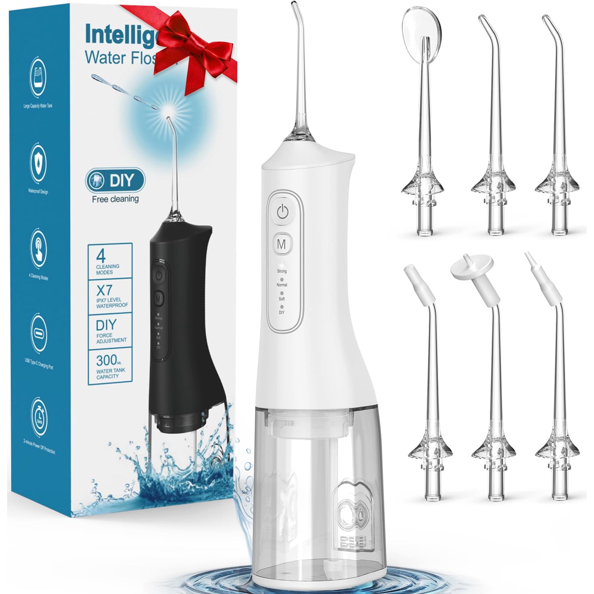 Water Flosser,Irrigador Dental with 4 Modes,6 Jet Tips, 300ML Tank & IPX7 Waterproof Water Flossers for Teeth-Muzpu(White)