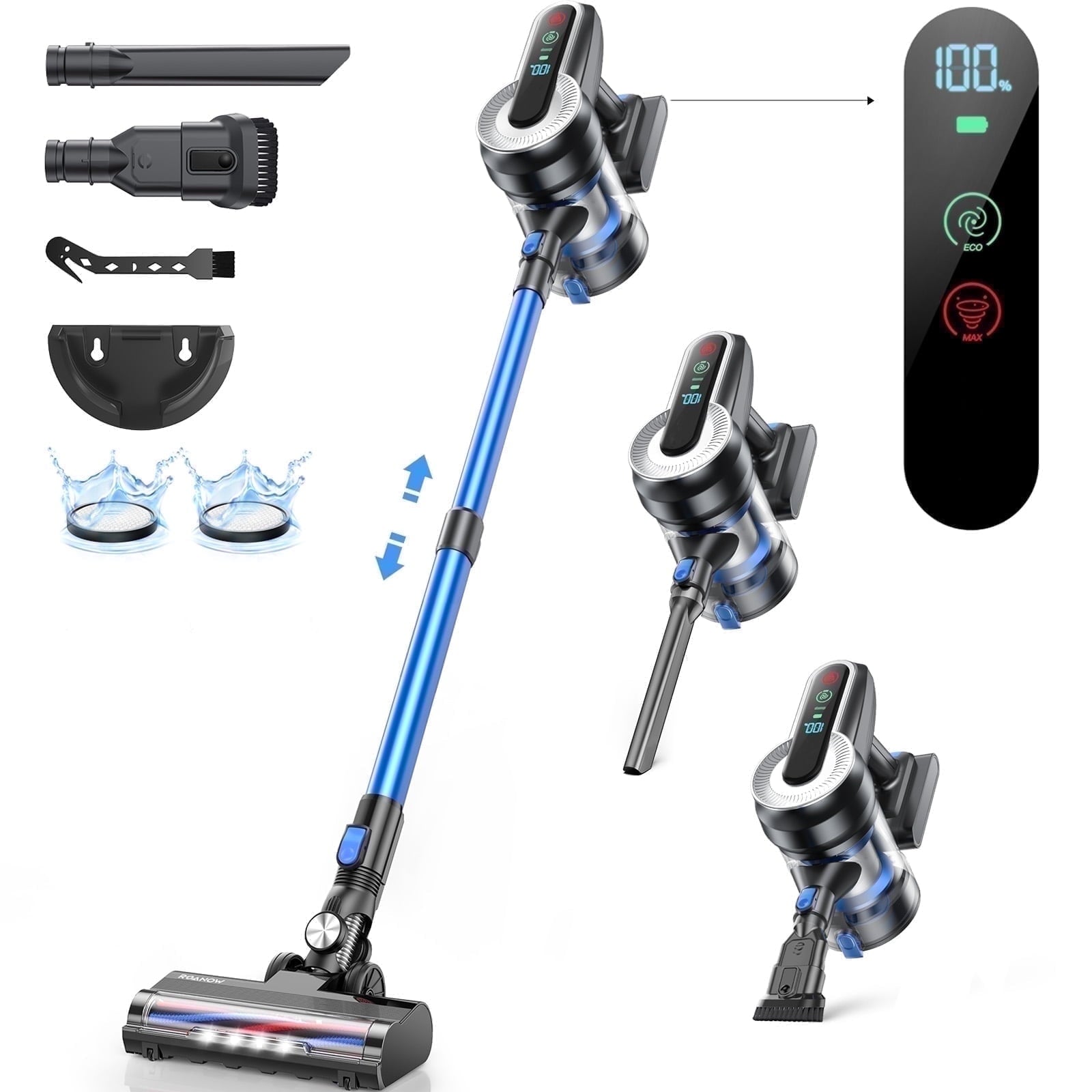 Roanow Cordless Vacuum Cleaner, 38KPA/55Mins with Display Stick Vacuum for Home Hardwood Floor Carpet Pet