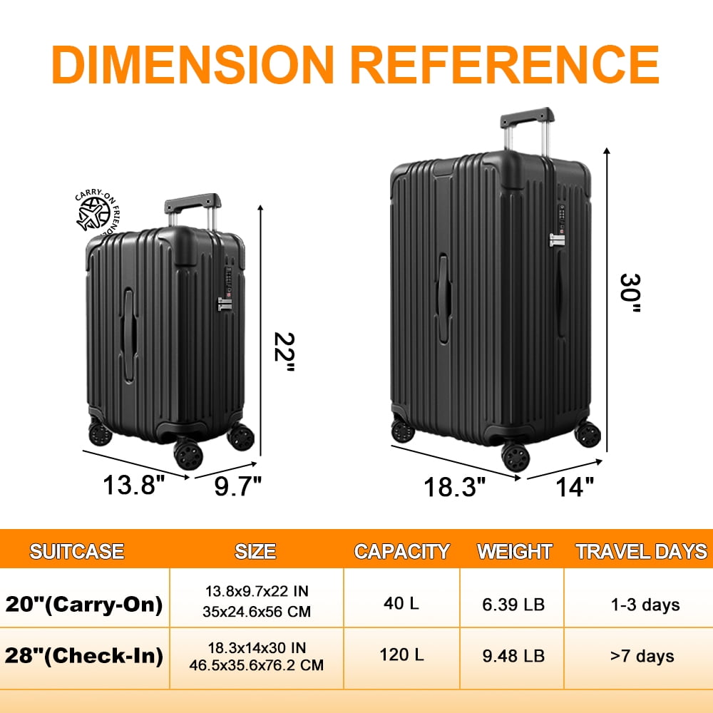 Luggage Sets 2 Pieces PC ABS Hardside Carry On Suitcase with Spinner Wheels TSA Lock 20 28 inch Black