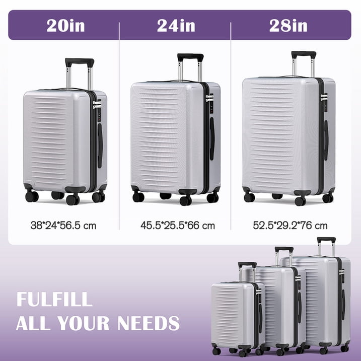 Luggage Sets 3 Piece Carry on Luggage with Spinner Wheels Hardshell Durable Suitcase with TSA Lock 20 24 28 inch Silver