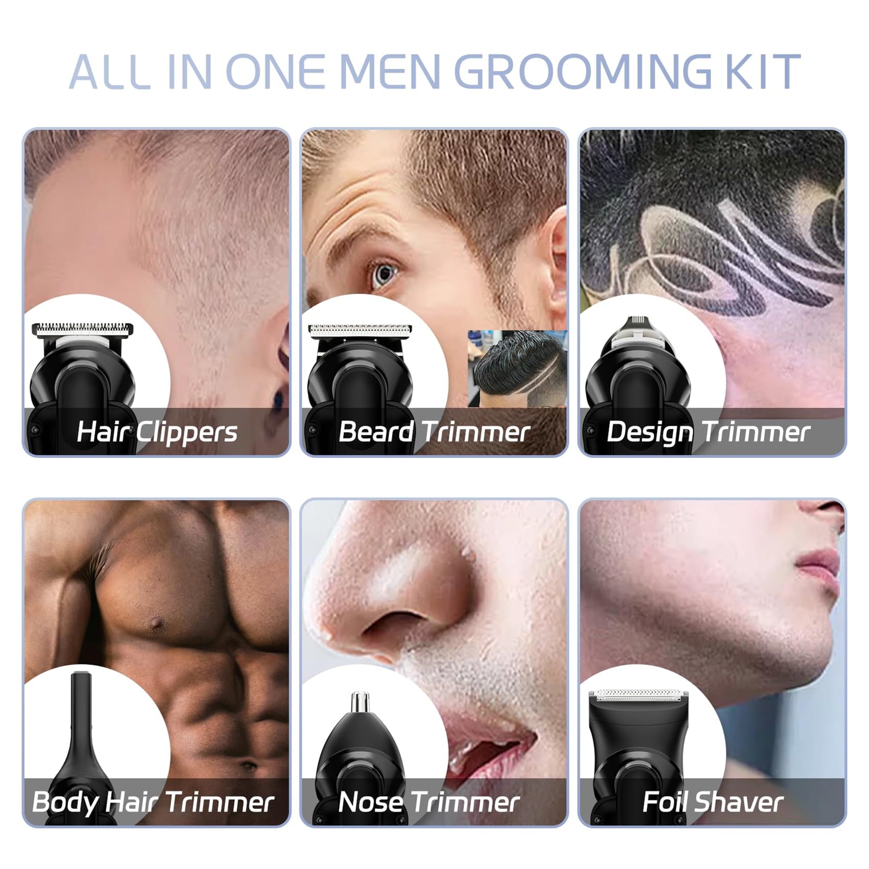 Juyafio New Upgrade 6-in-1 Hair Clippers Kit,Beard Trimmer for Men/Electric Razor,Body Hair Trimmer,Nose Hair Groomer,Cordless Precision Shave Kit,Waterproof USB Rechargeable