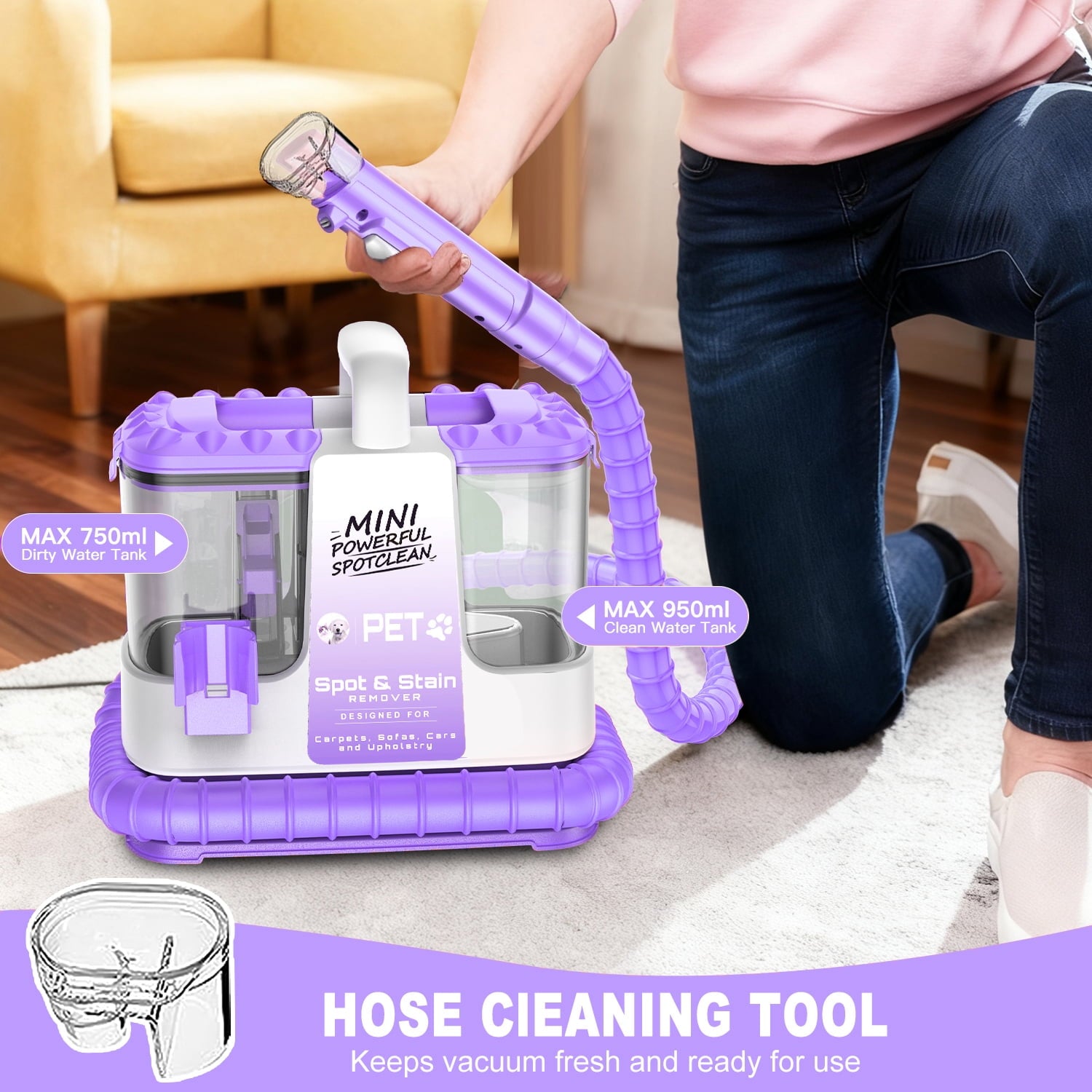 SUXIANGVAC Portable Carpet and Upholstery Spot Cleaner, 20Kpa Powerful Suction, Lightweight Compact Deep Cleaner for Home and Car, Purple(Version without cleaning solution)