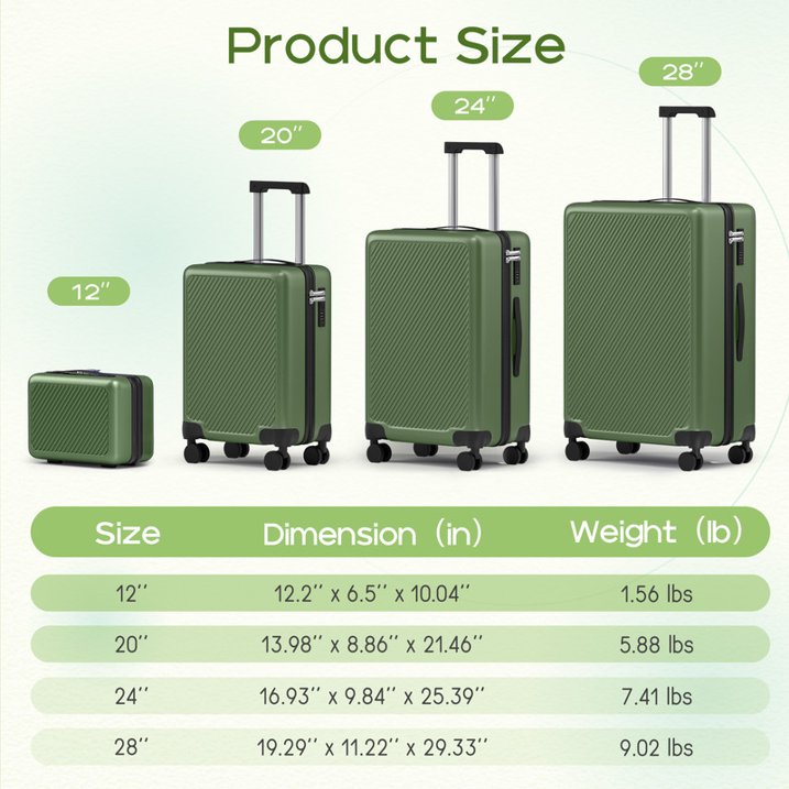 Luggage Sets 4 Piece Carry on Luggage with Spinner Wheels Hardshell Durable Suitcase with TSA Lock 14 20 24 28 inch Green