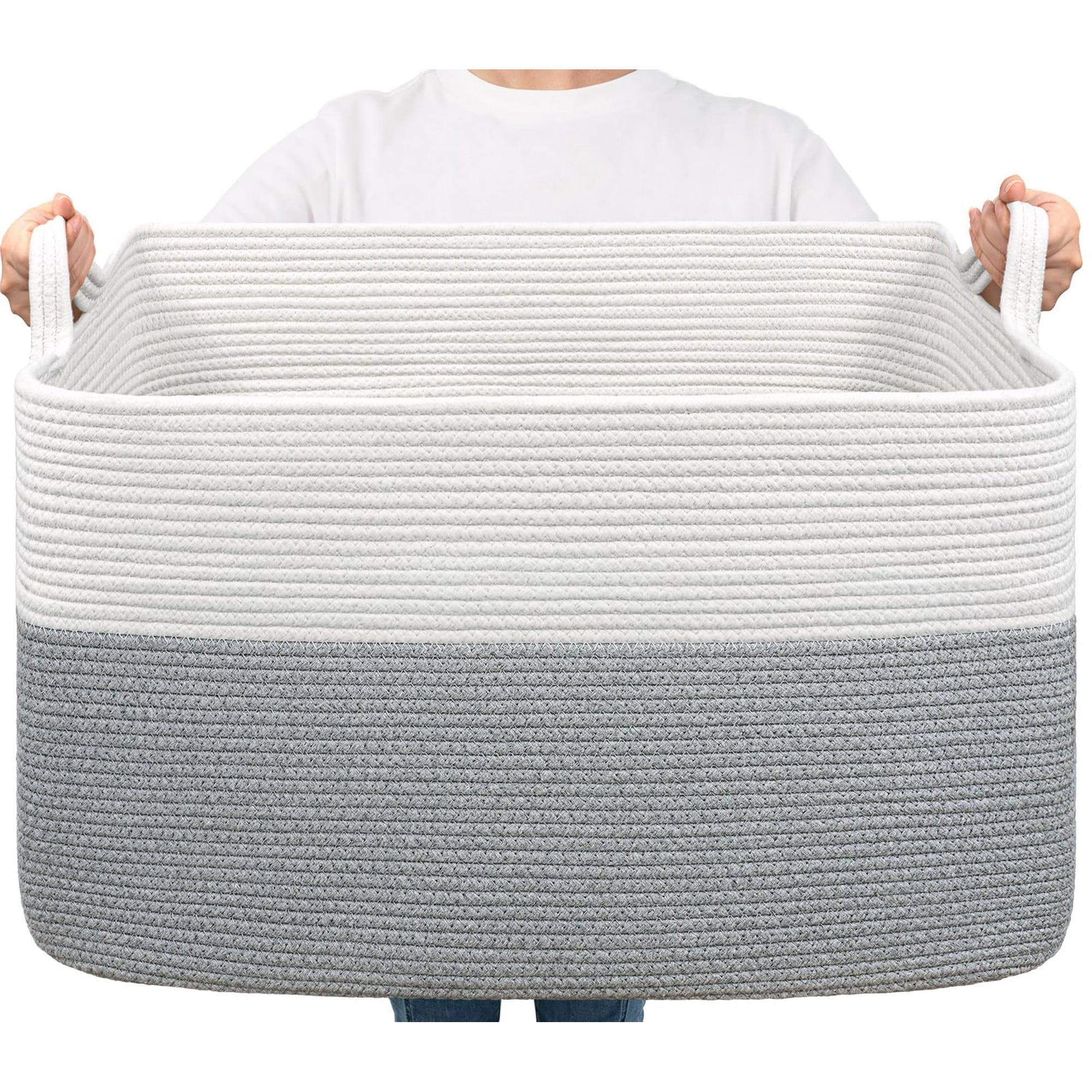LJSXFI Large Blanket Basket, 72L Rectangle Woven Baskets for Storage, Laundry Basket, 22¡¯¡¯*17¡¯¡¯*12¡¯¡¯, White and Gray