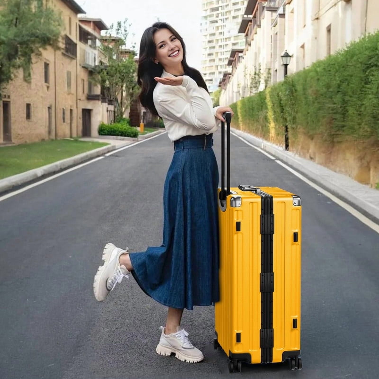 Checked Luggage Aluminum Frame Suitcase with Wheels PC ABS Hardside Zipperless with TSA Lock 28 Inch Yellow