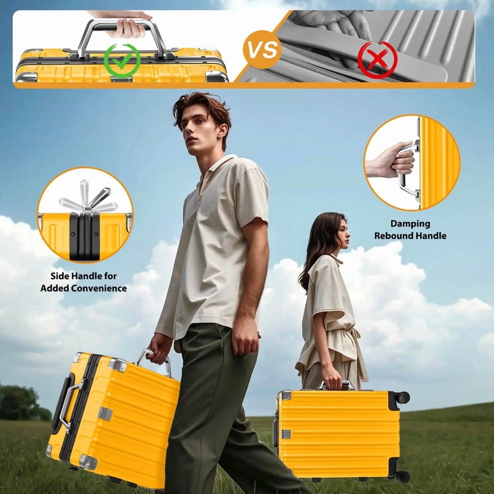 Checked Luggage Aluminum Frame Suitcase with Wheels PC ABS Hardside Zipperless with TSA Lock 28 Inch Yellow