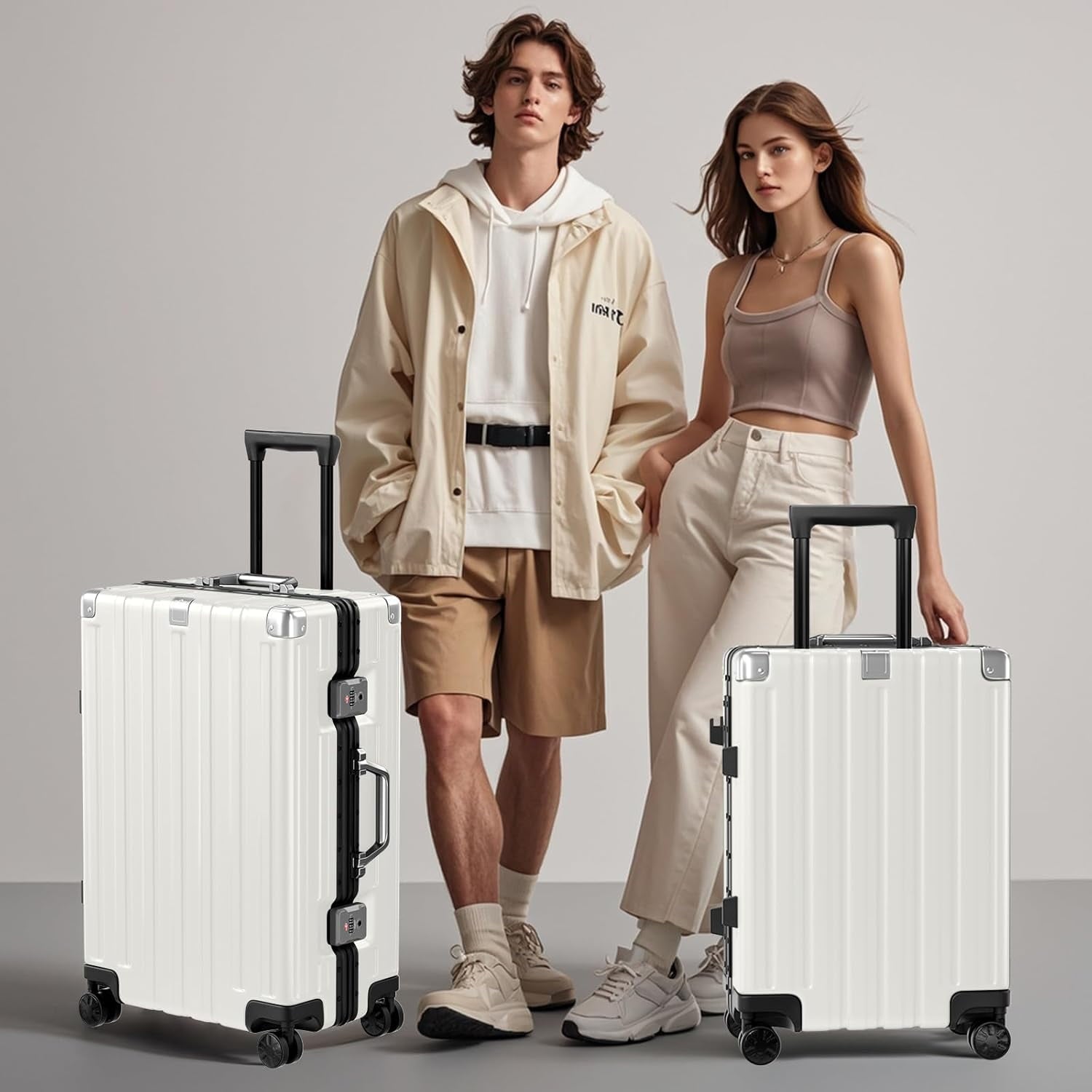 Checked Luggage Aluminum Frame Suitcase with Wheels PC ABS Hardside Zipperless with TSA Lock 28 Inch White
