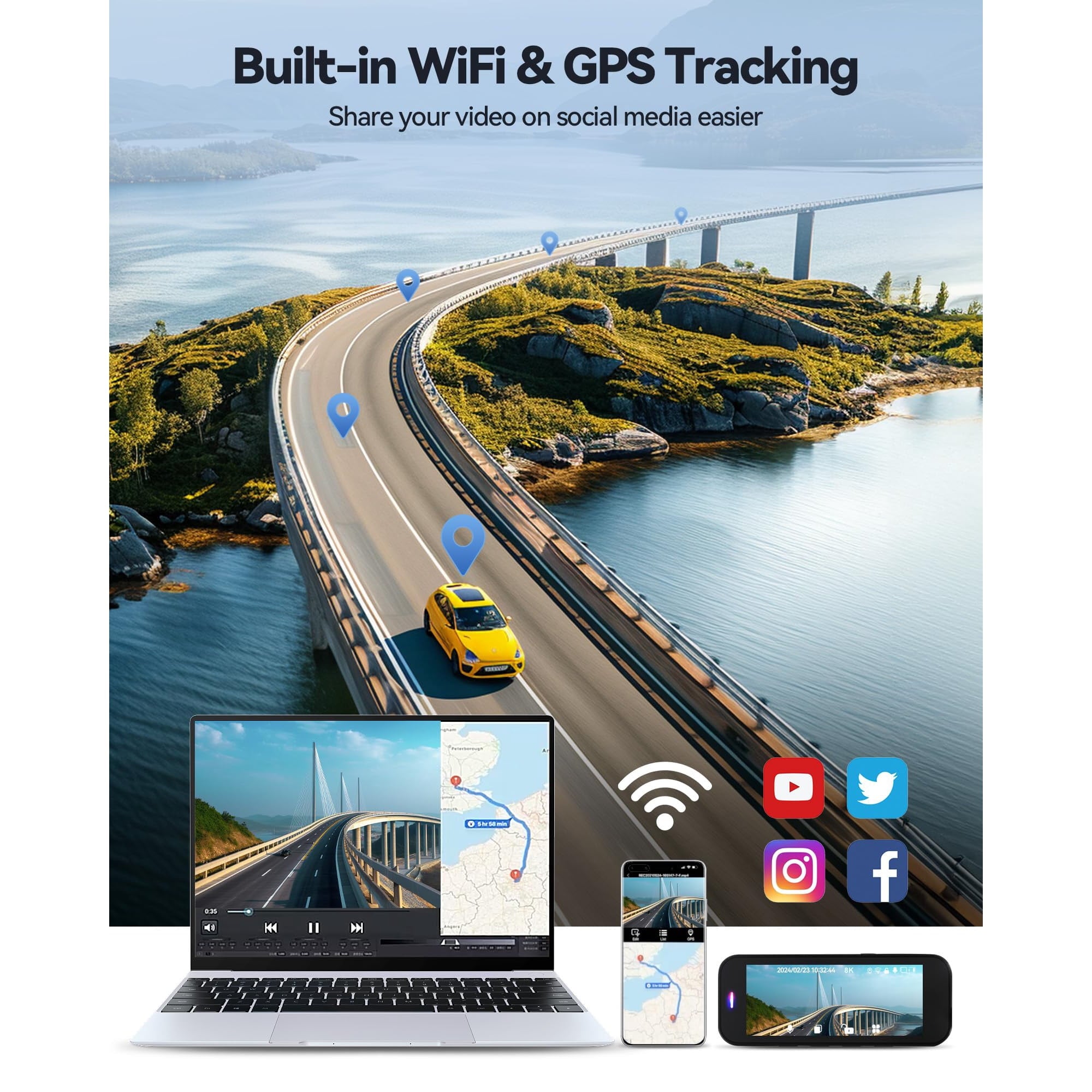 Dash Cam,Gazsocy 8K HD Car Dash Camera with Front and Rear Recording, Built-in Wi-Fi & GPS, Enhanced Night Vision,32 GB