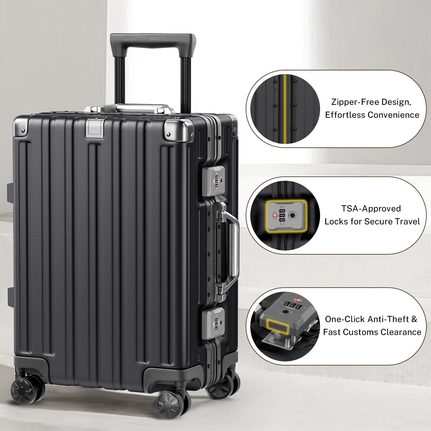 Luggage Sets 2 Pieces Aluminum Frame Carry On Luggage with Wheels PC ABS Hardside Zipperless with TSA Lock 20 28 inch Black